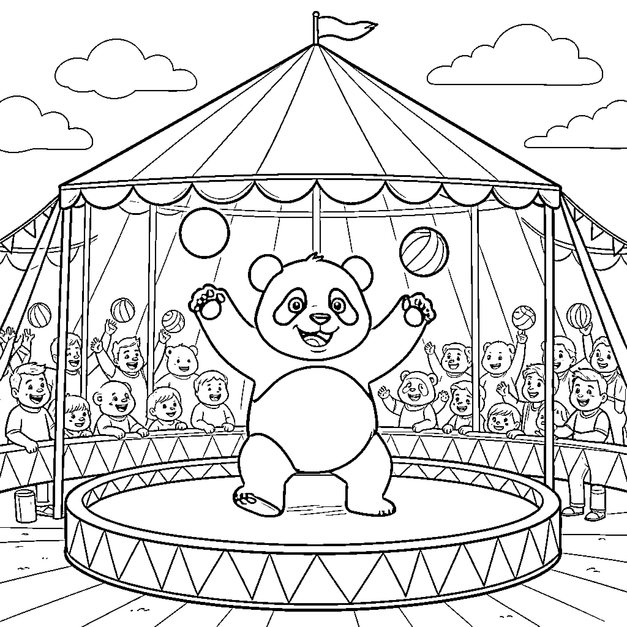 Panda performing a joyful circus show for an audience Coloring Page (free black-and-white line drawing printable PDF for all, from beginners to advanced learners, including children, teens, adults, and seniors)