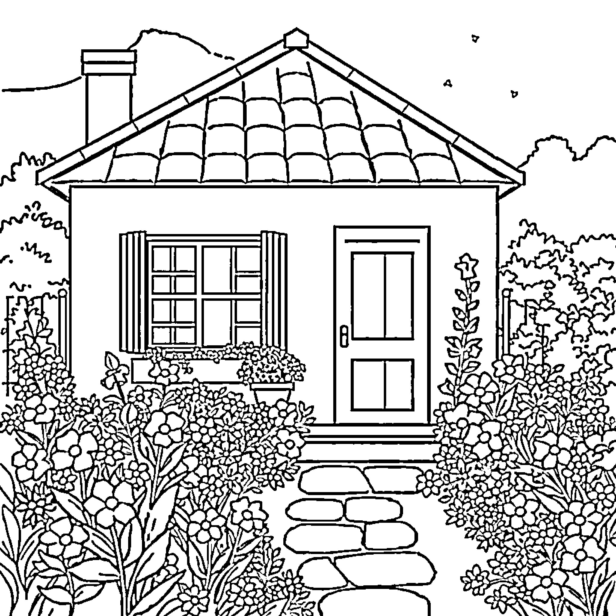 House with a decorated garden and floral landscape Coloring Page (free black-and-white line drawing printable PDF for all, from beginners to advanced learners, including children, teens, adults, and seniors)