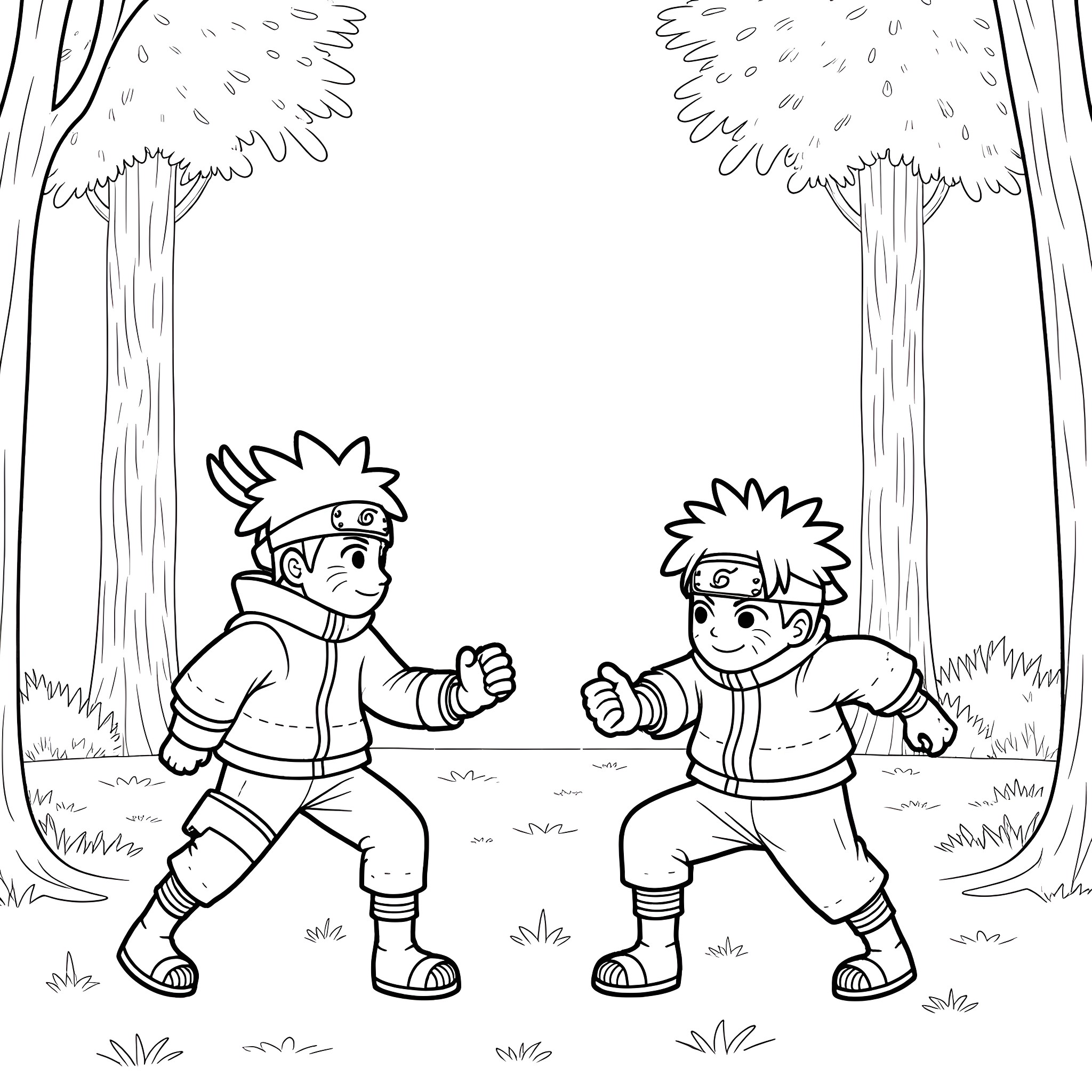 Naruto characters in a forest setting Coloring Page (free black-and-white line drawing printable PDF for all, from beginners to advanced learners, including children, teens, adults, and seniors)
