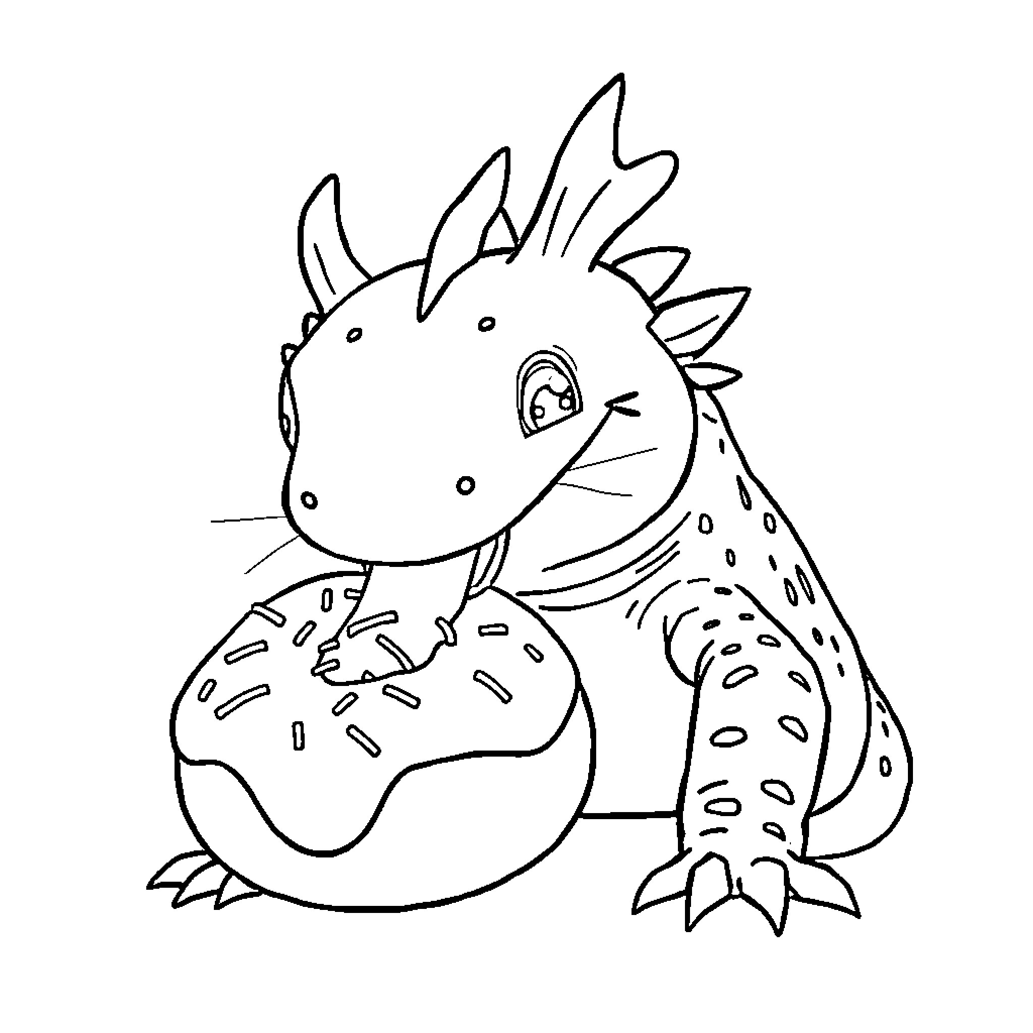 Axolotl enjoying a donut Coloring Page (free black-and-white line drawing printable PDF for all, from beginners to advanced learners, including children, teens, adults, and seniors)