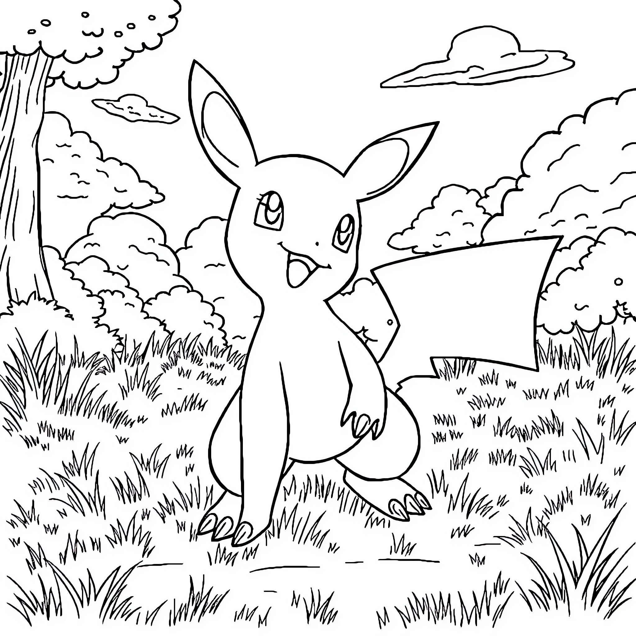 Starter Pokemon exploring the forest landscape Coloring Page (free black-and-white line drawing printable PDF for all, from beginners to advanced learners, including children, teens, adults, and seniors)