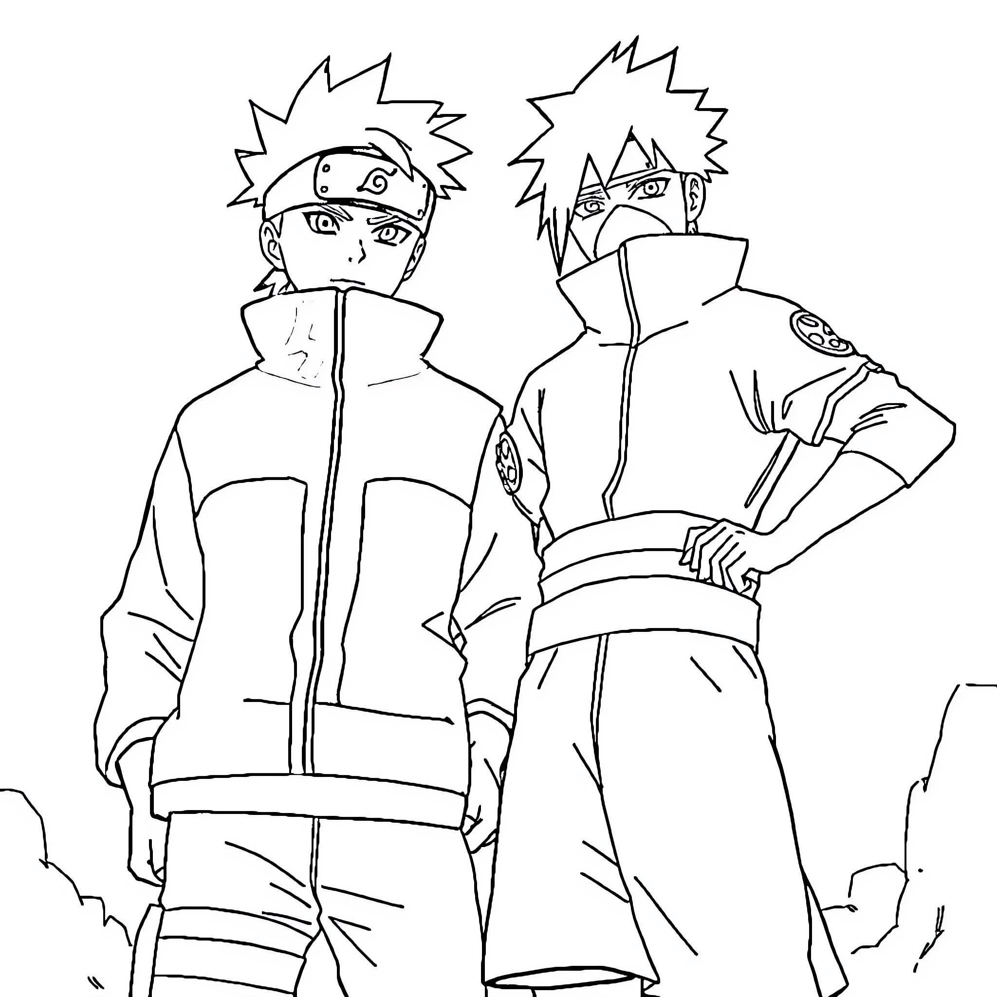 Naruto characters in action poses Coloring Page (free black-and-white line drawing printable PDF for all, from beginners to advanced learners, including children, teens, adults, and seniors)