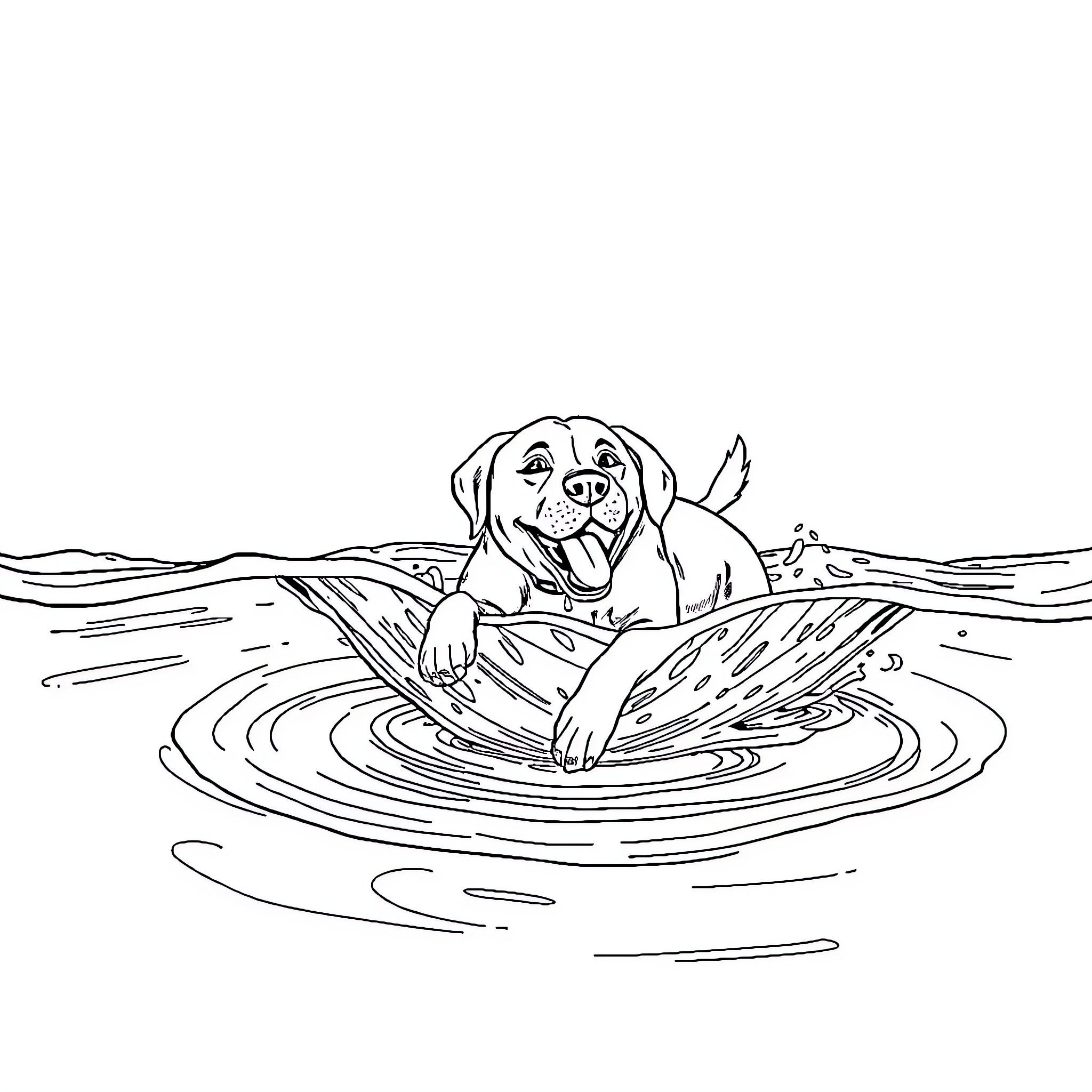 Dog swimming happily in the water Coloring Page (free black-and-white line drawing printable PDF for all, from beginners to advanced learners, including children, teens, adults, and seniors)