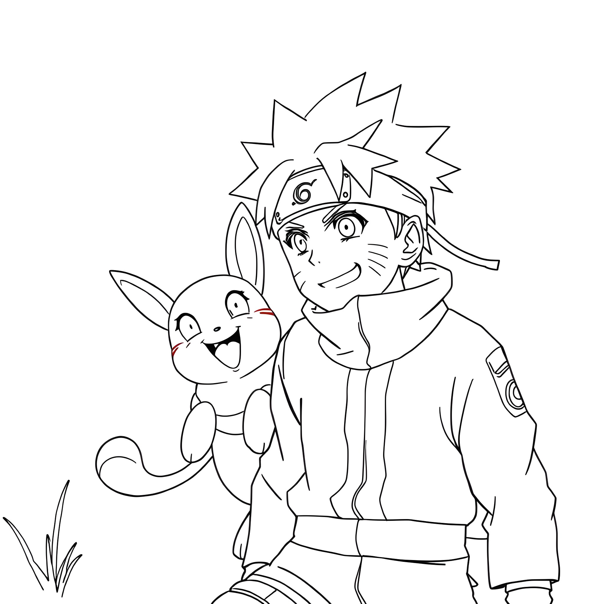 Naruto and his Companion Enjoying the Outdoors Coloring Page (free black-and-white line drawing printable PDF for all, from beginners to advanced learners, including children, teens, adults, and seniors)