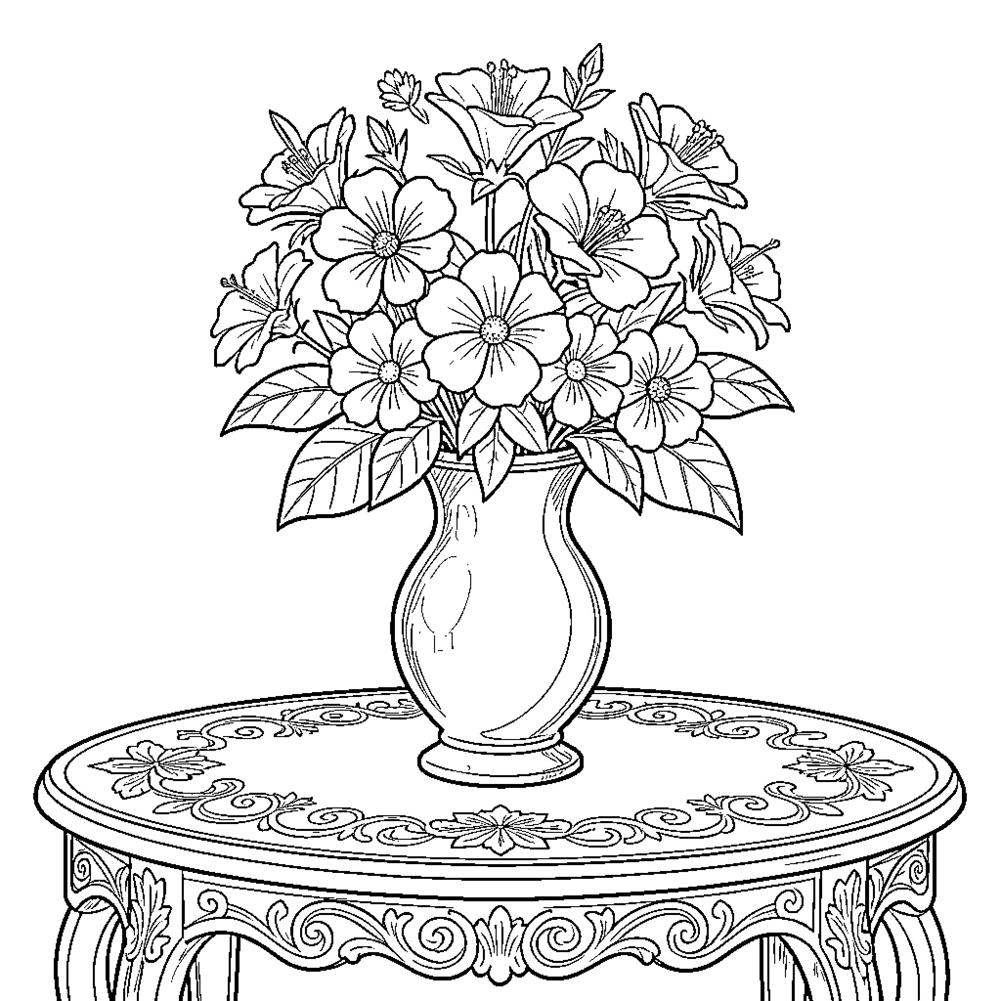 Flor: Bouquet of Blooming Flowers on Ornate Table Coloring Page (free black-and-white line drawing printable PDF for all, from beginners to advanced learners, including children, teens, adults, and seniors)