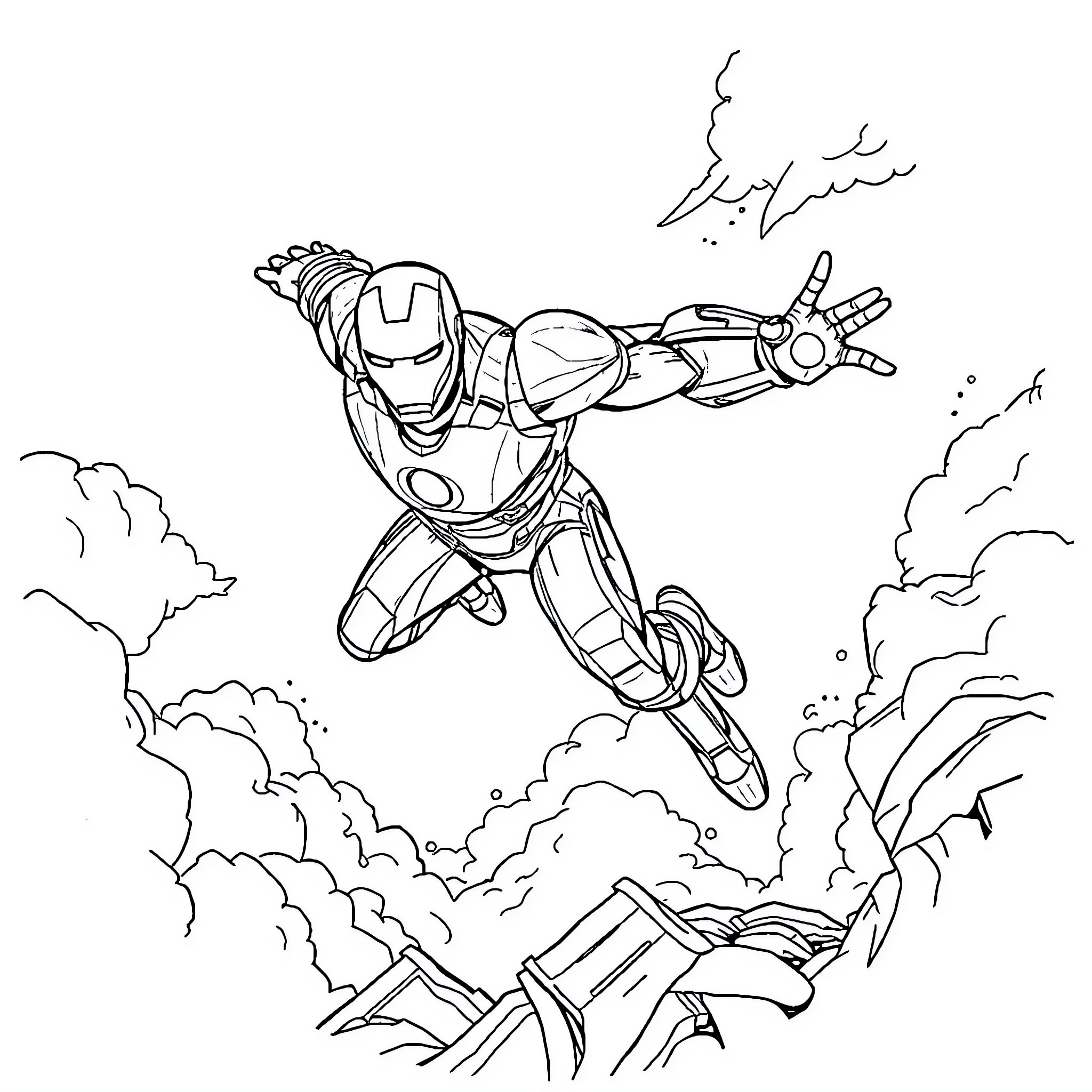 Iron Man mid-action in heroic flight over city Coloring Page (free black-and-white line drawing printable PDF for all, from beginners to advanced learners, including children, teens, adults, and seniors)