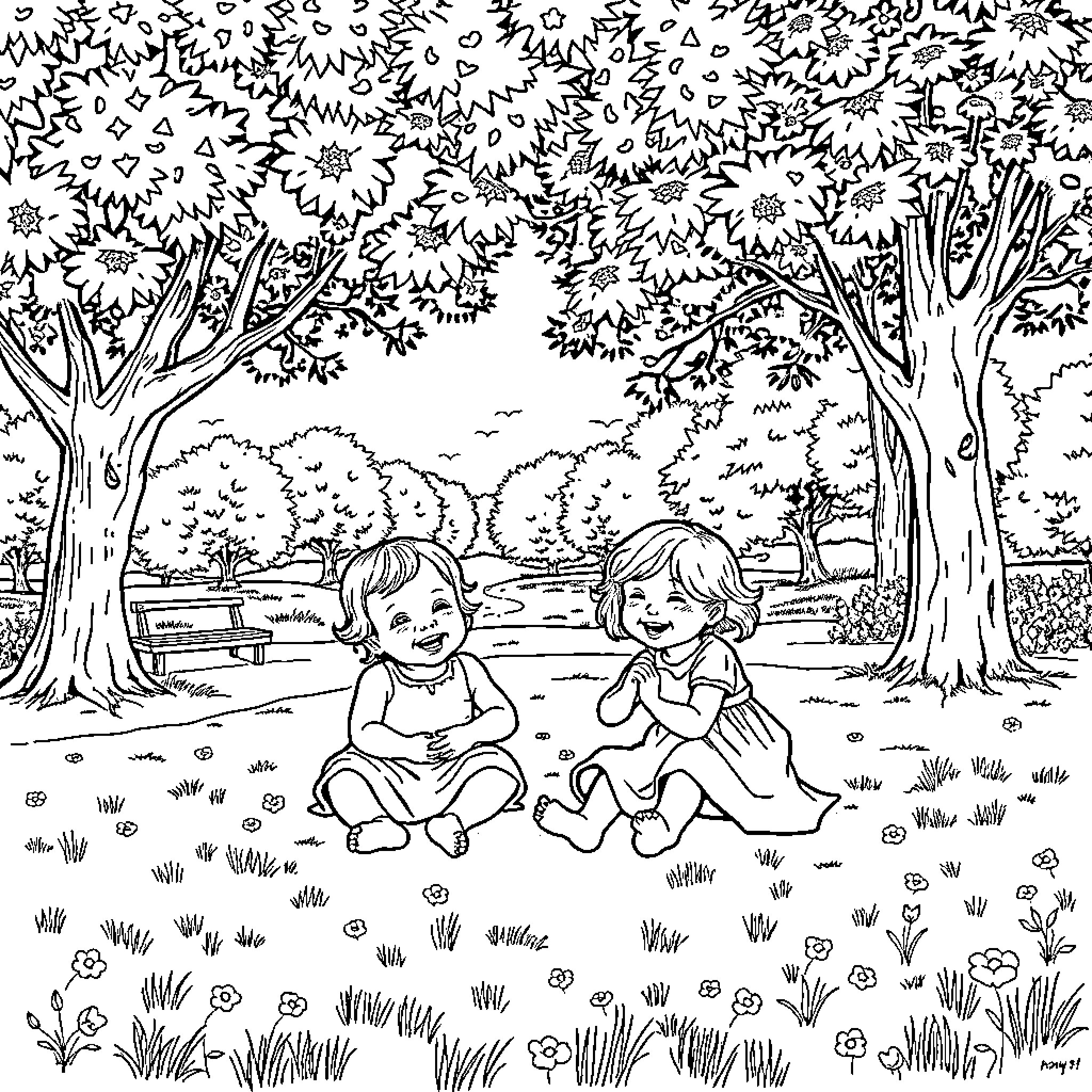 Babe's Peaceful Outdoor Play Coloring Page (free black-and-white line drawing printable PDF for all, from beginners to advanced learners, including children, teens, adults, and seniors)