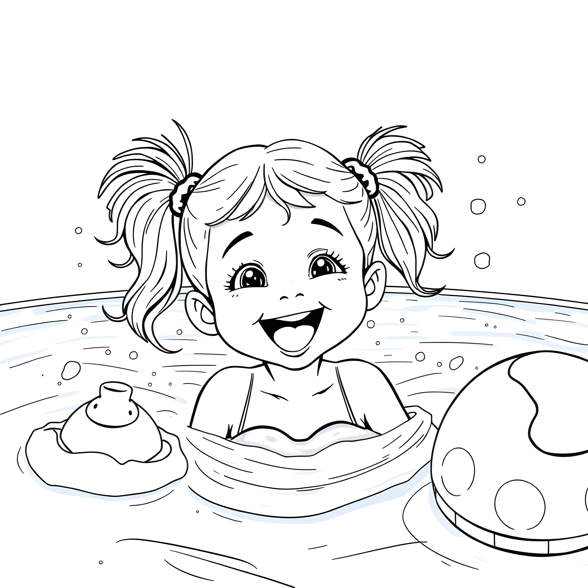 Girl playing happily in the pool Coloring Page (free black-and-white line drawing printable PDF for all, from beginners to advanced learners, including children, teens, adults, and seniors)
