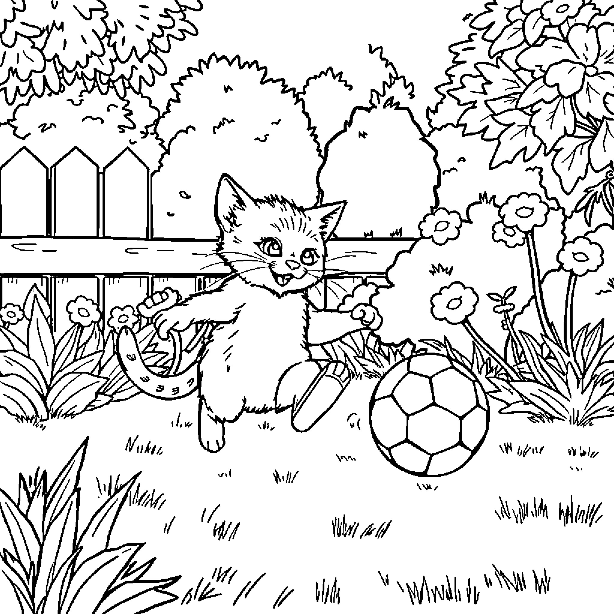 Gato playing joyfully with soccer ball in the garden Coloring Page (free black-and-white line drawing printable PDF for all, from beginners to advanced learners, including children, teens, adults, and seniors)