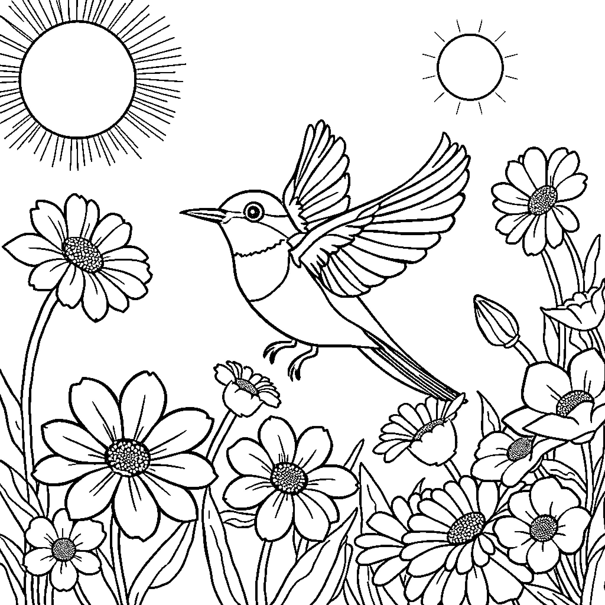 Bird soaring amidst vibrant floral scenery Coloring Page (free black-and-white line drawing printable PDF for all, from beginners to advanced learners, including children, teens, adults, and seniors)