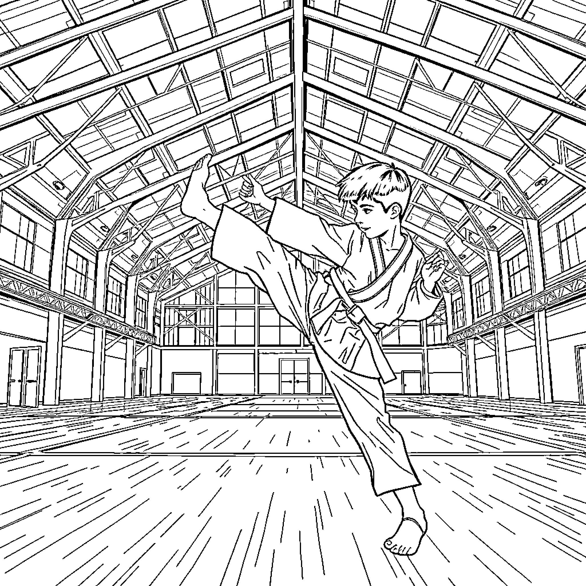 Boy practices martial arts in a spacious dojo Coloring Page (free black-and-white line drawing printable PDF for all, from beginners to advanced learners, including children, teens, adults, and seniors)