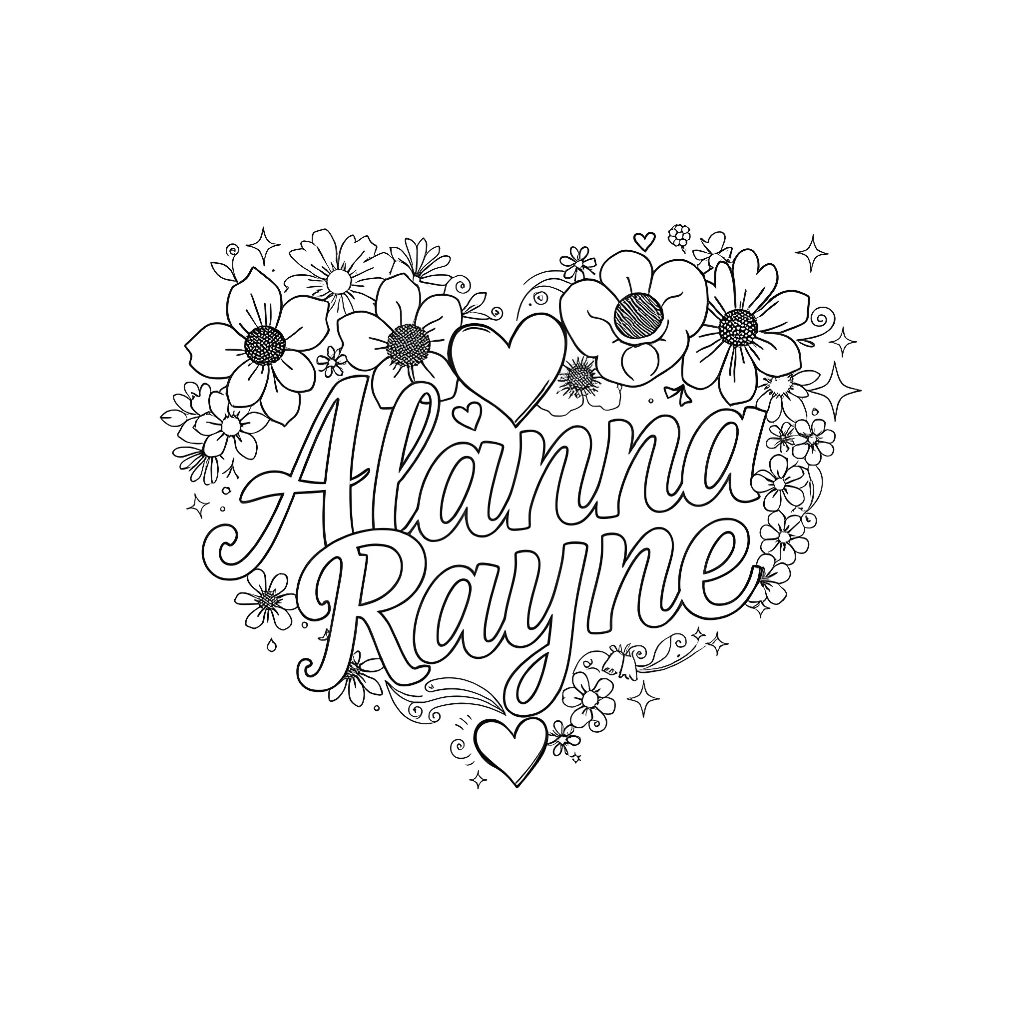 Flowers and heart compose name Coloring Page (free black-and-white line drawing printable PDF for all, from beginners to advanced learners, including children, teens, adults, and seniors)