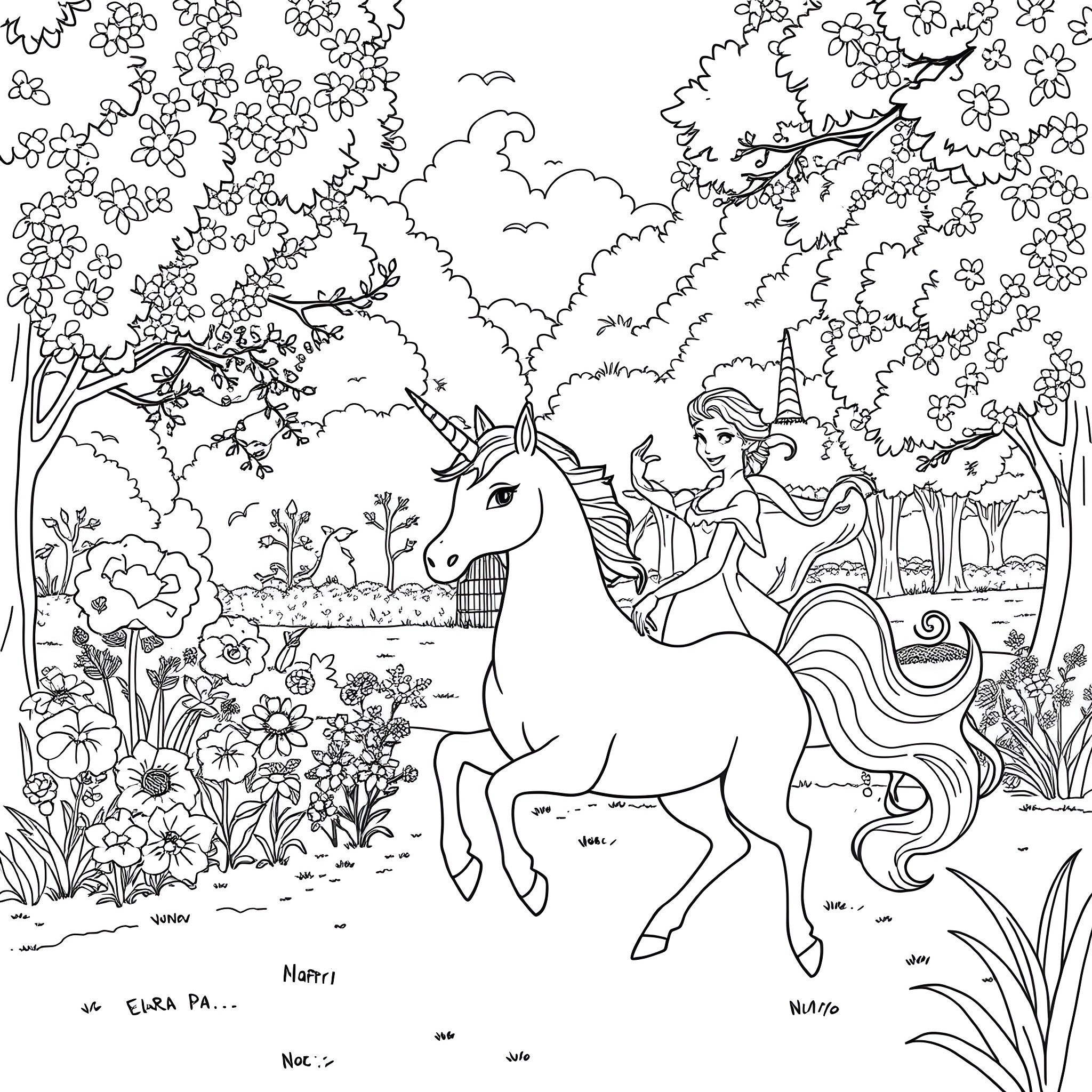 Unicorn and princess in magical fantasy forest Coloring Page (free black-and-white line drawing printable PDF for all, from beginners to advanced learners, including children, teens, adults, and seniors)