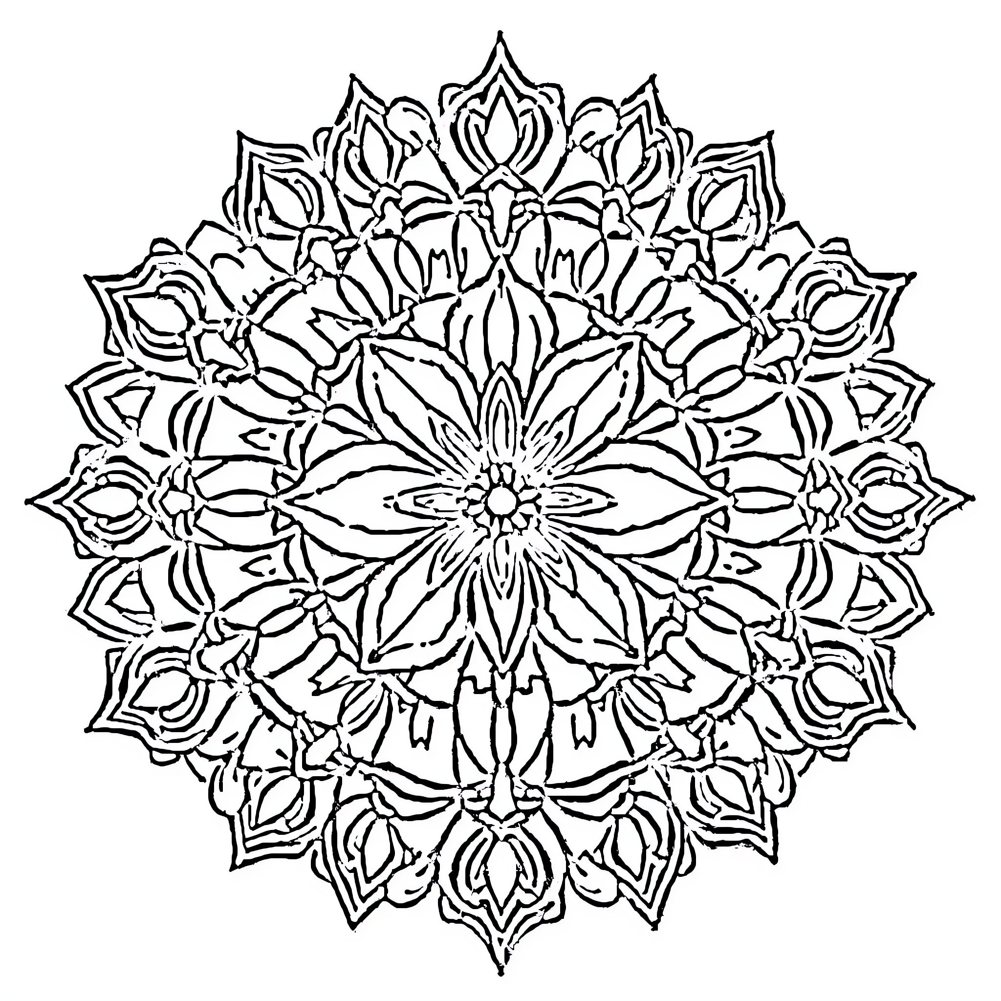 Mandala with intricate floral patterns Coloring Page (free black-and-white line drawing printable PDF for all, from beginners to advanced learners, including children, teens, adults, and seniors)