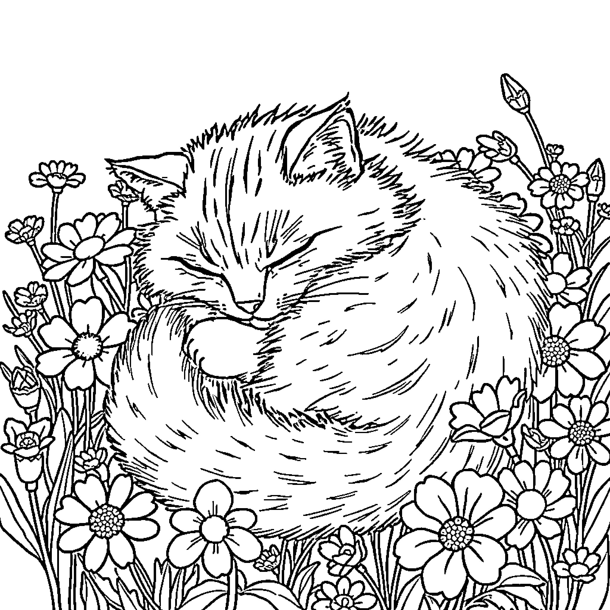 Cat resting peacefully in a floral garden Coloring Page (free black-and-white line drawing printable PDF for all, from beginners to advanced learners, including children, teens, adults, and seniors)