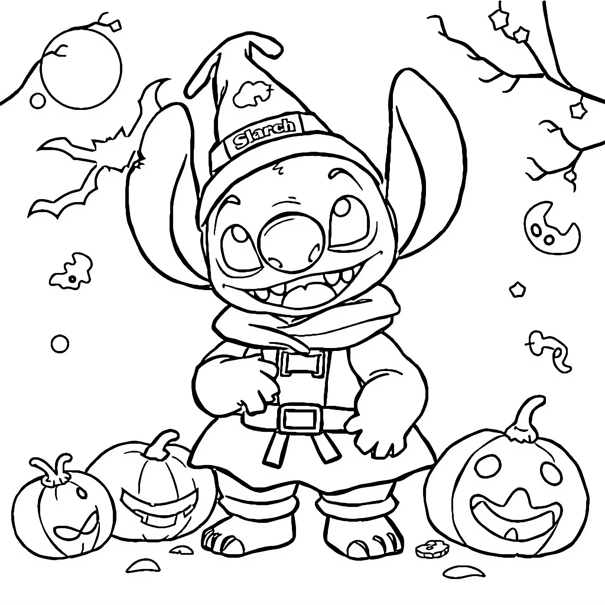 Stitch dressed up for Halloween with pumpkins Coloring Page (free black-and-white line drawing printable PDF for all, from beginners to advanced learners, including children, teens, adults, and seniors)