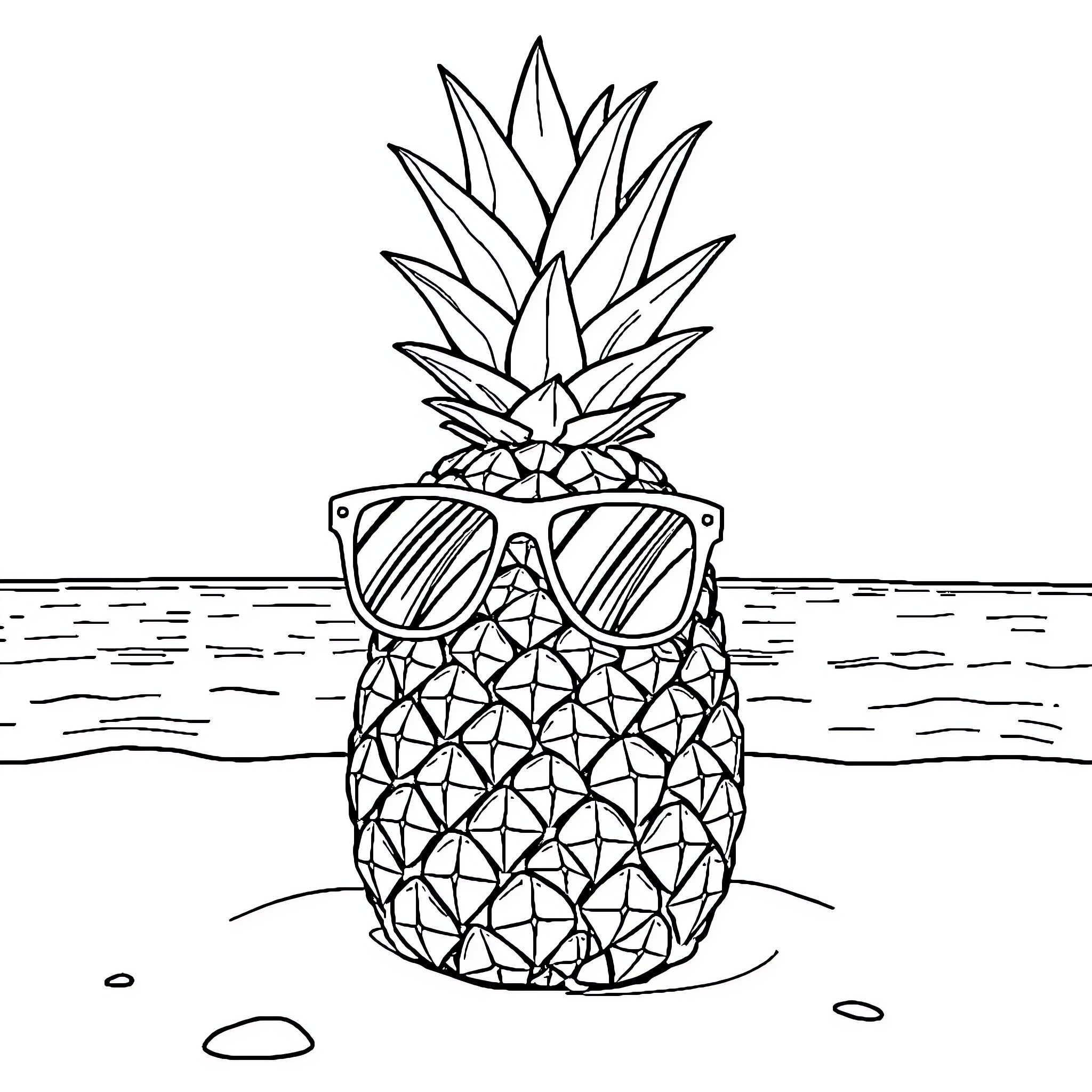 Pineapple wearing sunglasses on the beach Coloring Page (free black-and-white line drawing printable PDF for all, from beginners to advanced learners, including children, teens, adults, and seniors)