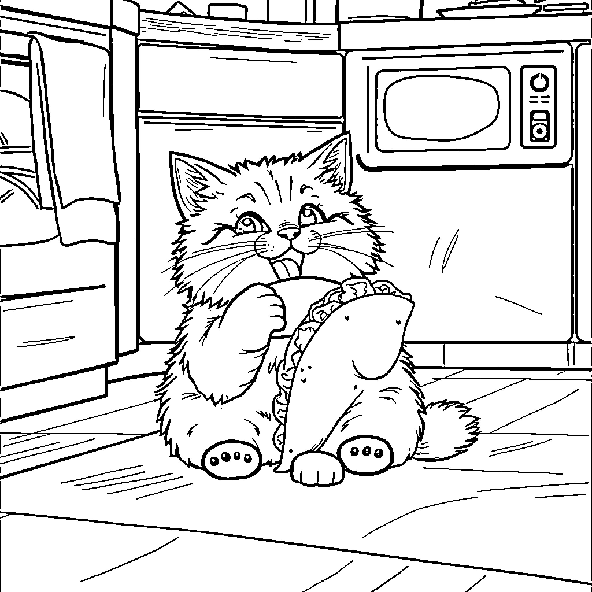 Cat enjoying cozy indoor space Coloring Page (free black-and-white line drawing printable PDF for all, from beginners to advanced learners, including children, teens, adults, and seniors)
