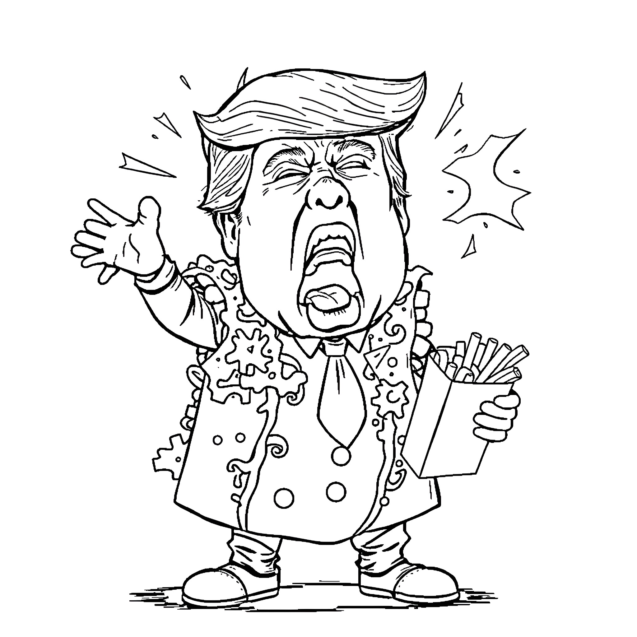 Donald Trump expressing outrage in a caricature illustration Coloring Page (free black-and-white line drawing printable PDF for all, from beginners to advanced learners, including children, teens, adults, and seniors)