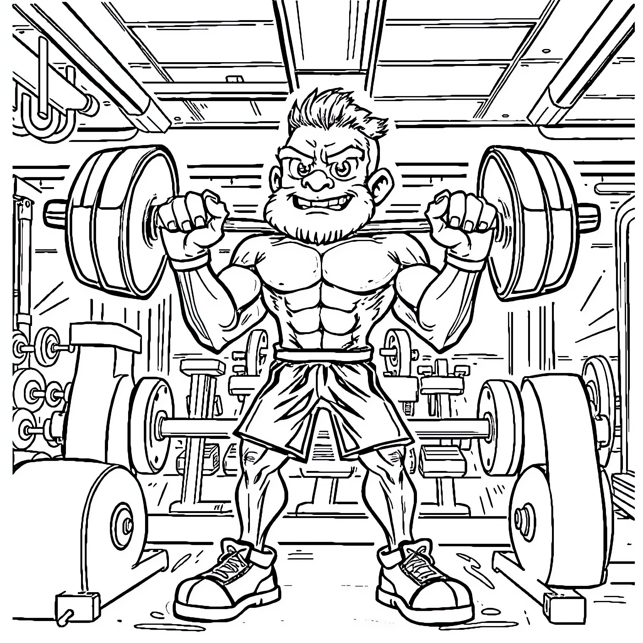 Quaver's Muscular Weightlifter in Gym Coloring Page (free black-and-white line drawing printable PDF for all, from beginners to advanced learners, including children, teens, adults, and seniors)