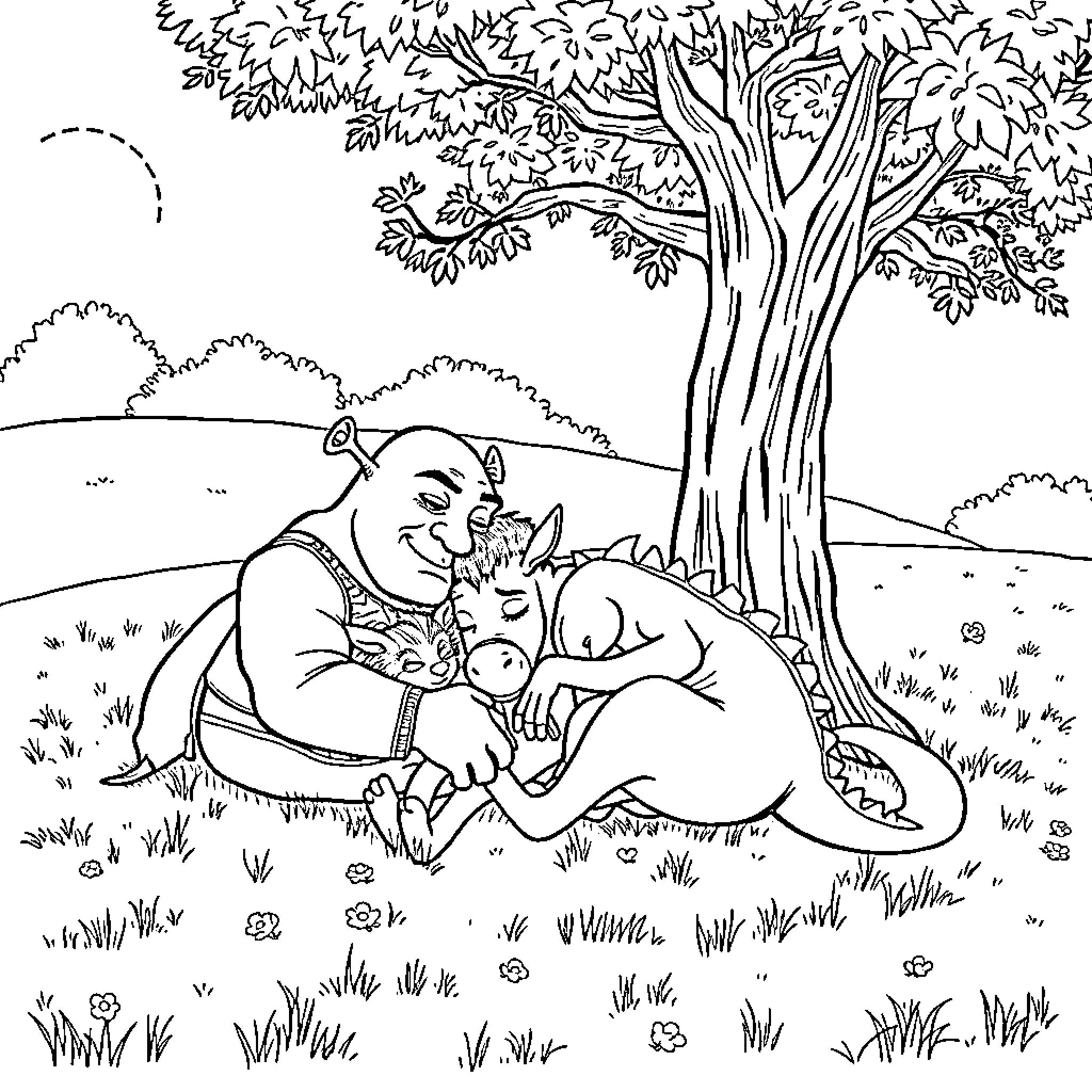 Shrek enjoying nature with animal friends Coloring Page (free black-and-white line drawing printable PDF for all, from beginners to advanced learners, including children, teens, adults, and seniors)