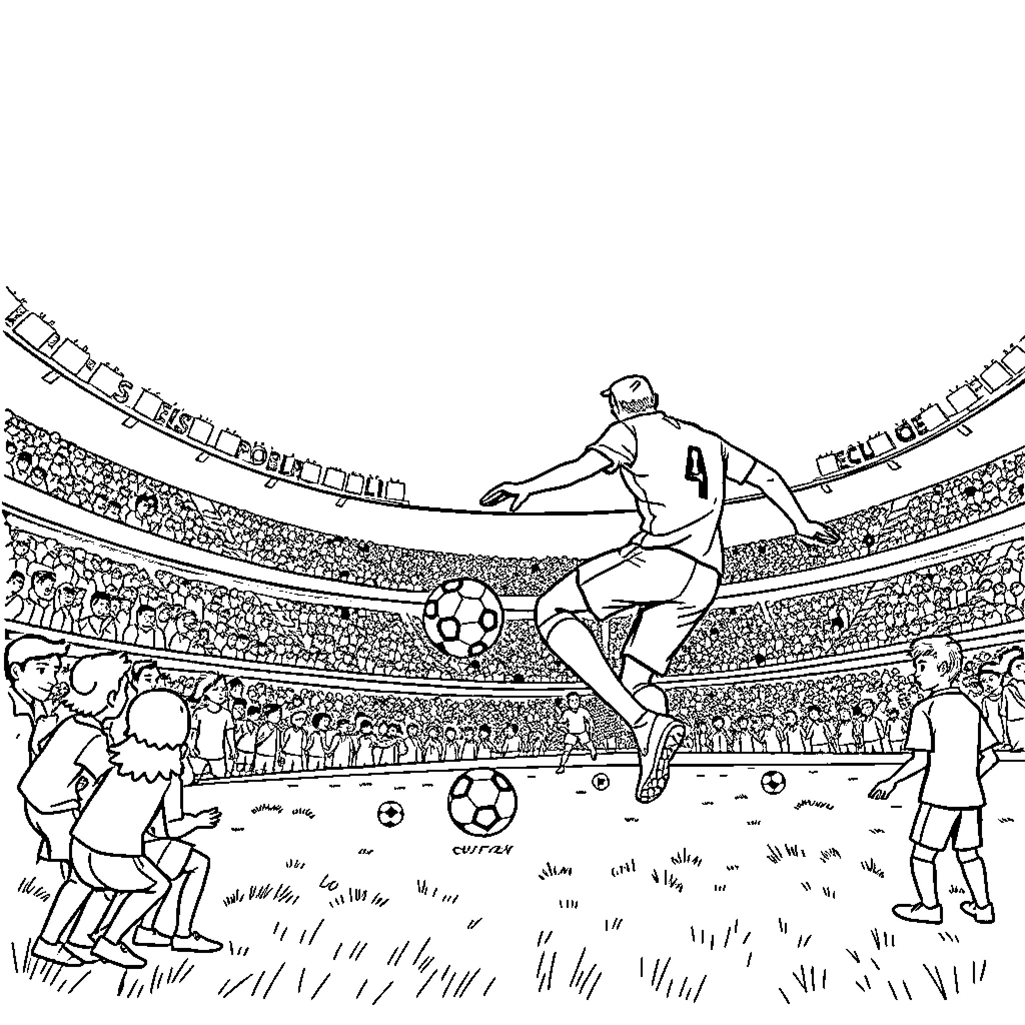 Pelota: Soccer Player Kicking Ball in Stadium Coloring Page (free black-and-white line drawing printable PDF for all, from beginners to advanced learners, including children, teens, adults, and seniors)