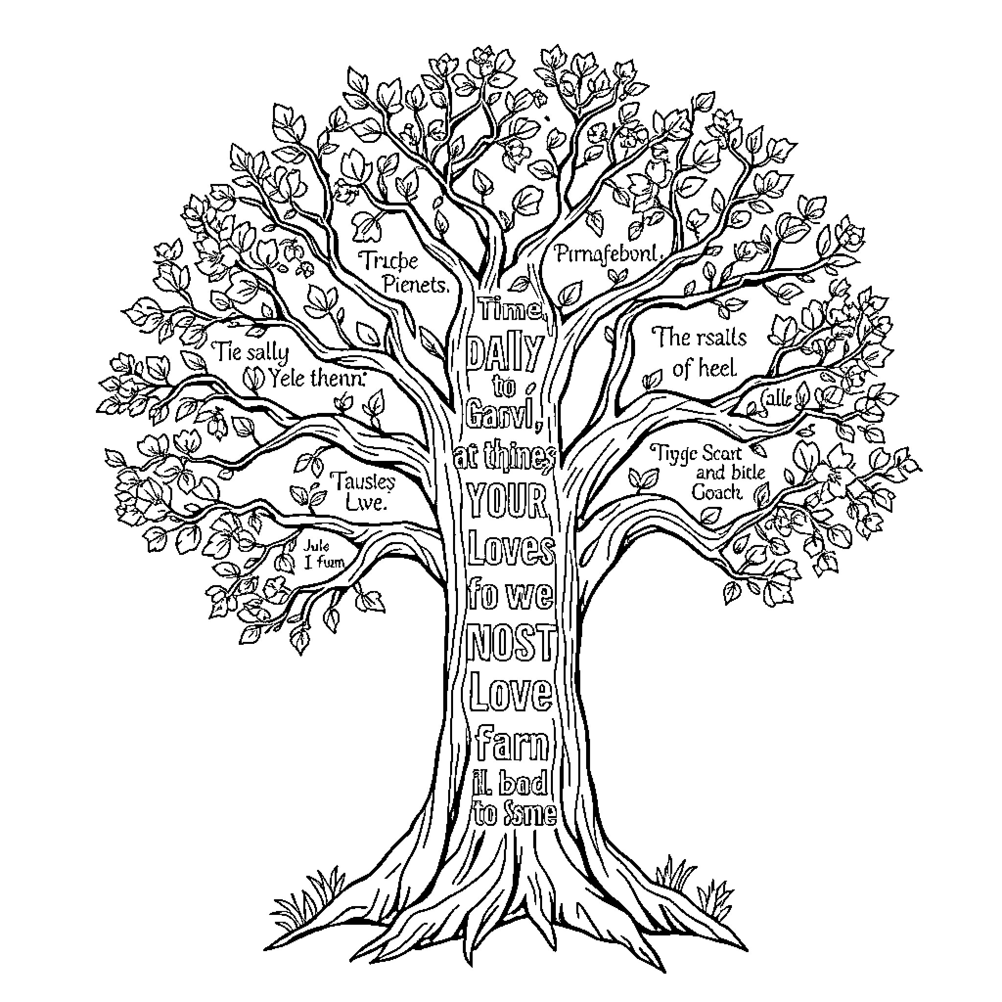 Tree of inspirational words and life advice Coloring Page (free black-and-white line drawing printable PDF for all, from beginners to advanced learners, including children, teens, adults, and seniors)