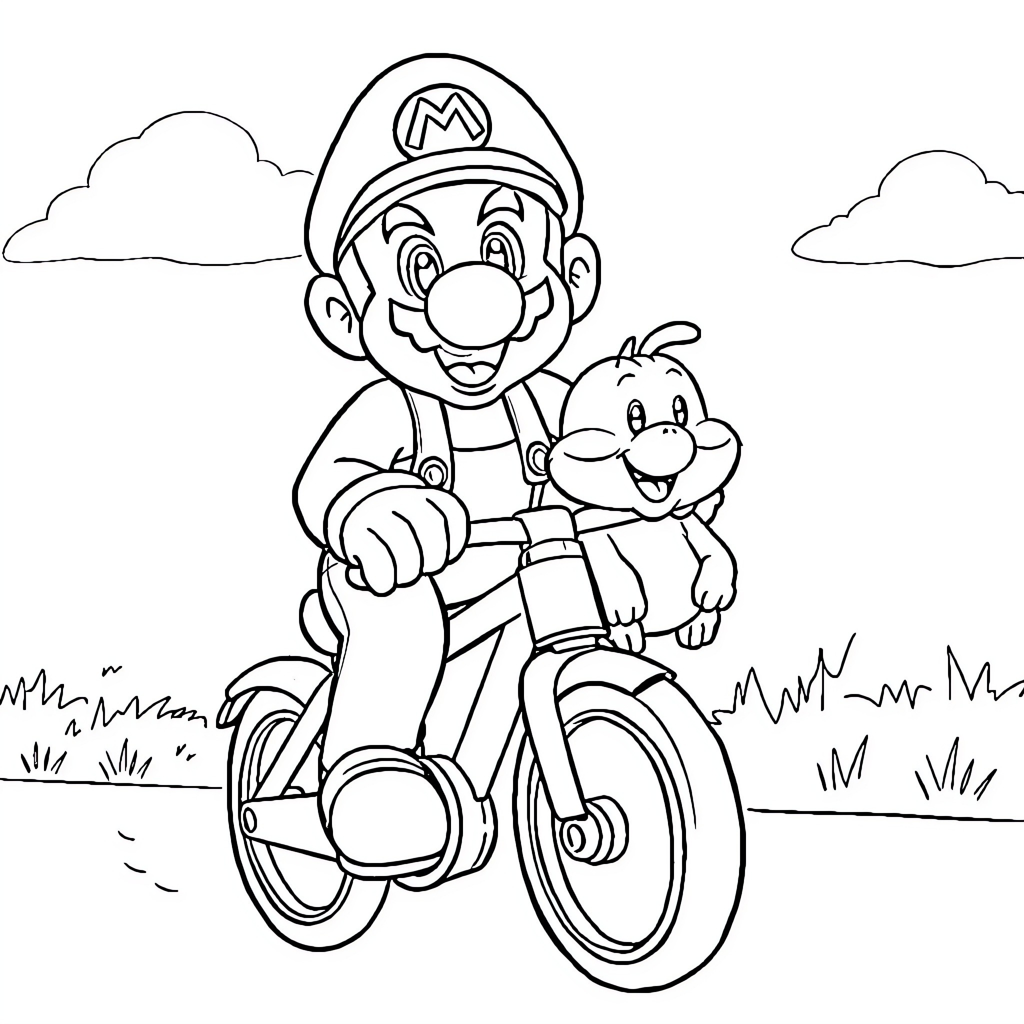 Mario riding bicycle with Yoshi sidekick Coloring Page (free black-and-white line drawing printable PDF for all, from beginners to advanced learners, including children, teens, adults, and seniors)