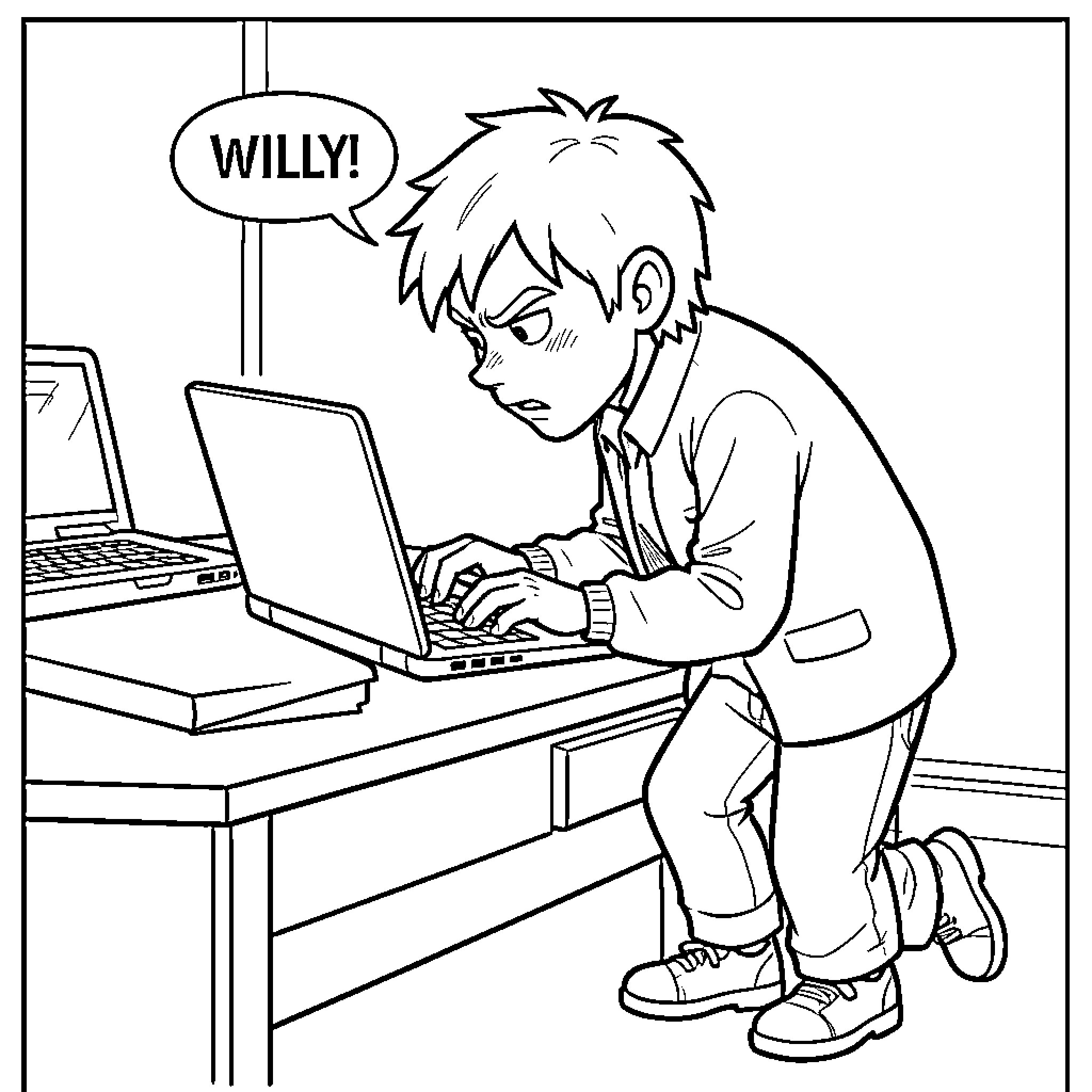 Willy using laptop with an exclamation Coloring Page (free black-and-white line drawing printable PDF for all, from beginners to advanced learners, including children, teens, adults, and seniors)