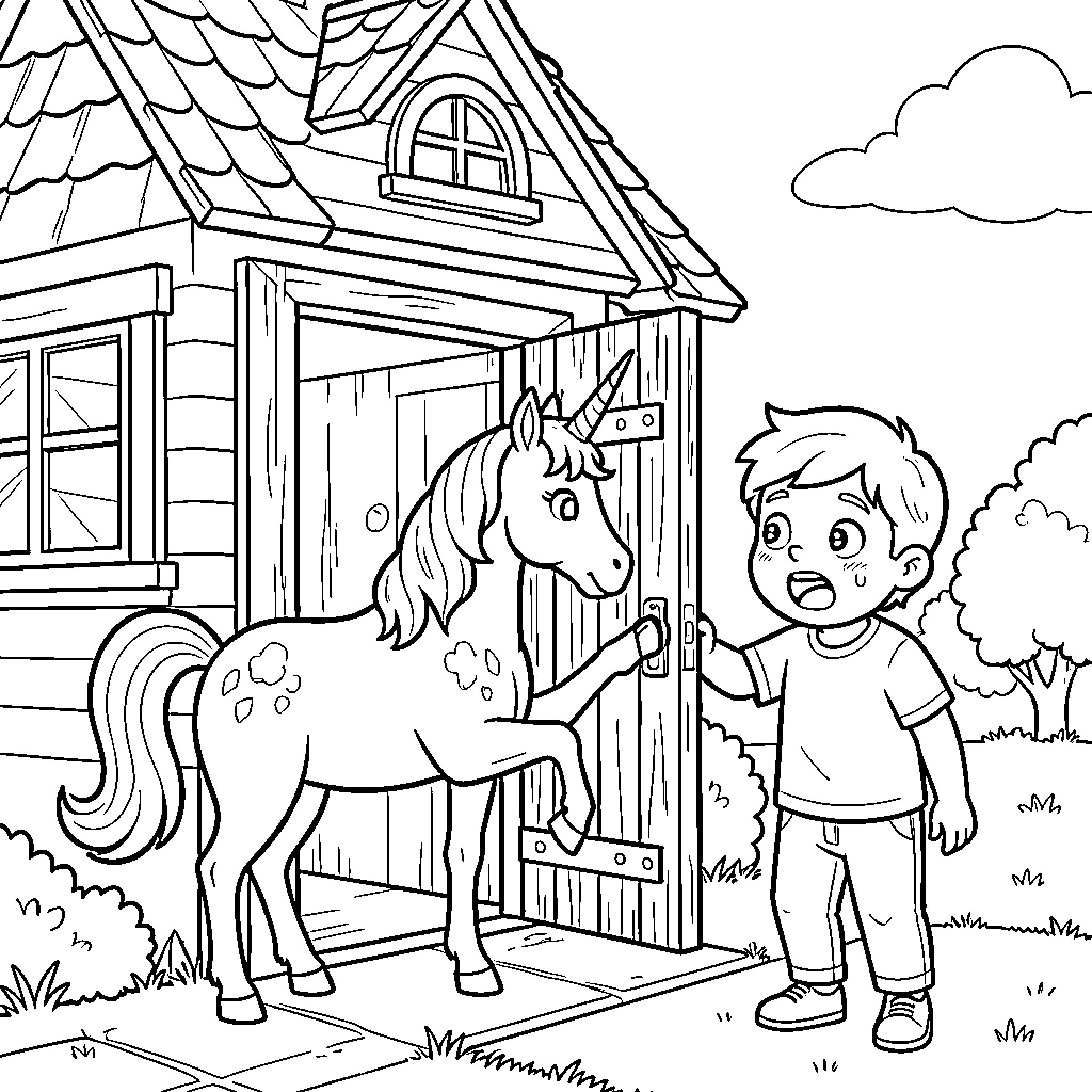 Unicorn greeting a young boy outside a cottage Coloring Page (free black-and-white line drawing printable PDF for all, from beginners to advanced learners, including children, teens, adults, and seniors)