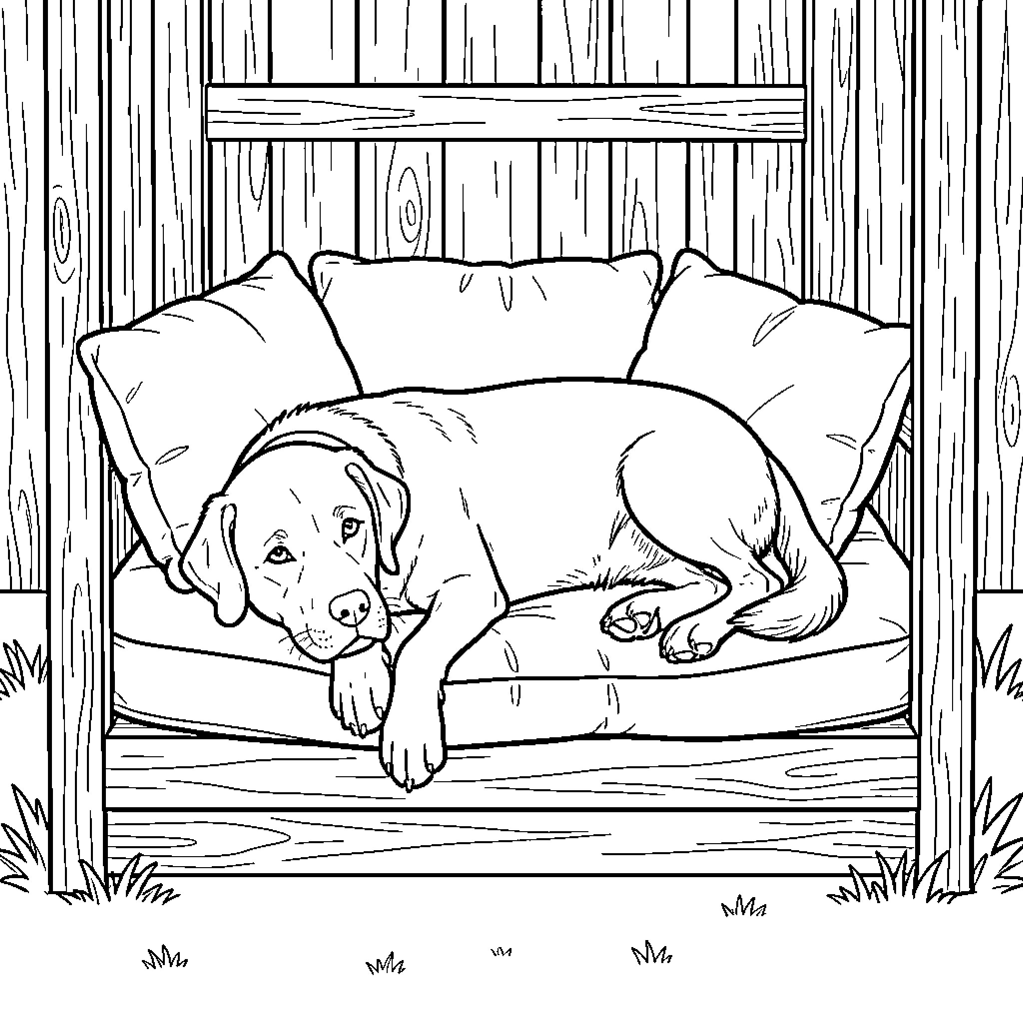 Labrador resting comfortably on a cushioned outdoor bench Coloring Page (free black-and-white line drawing printable PDF for all, from beginners to advanced learners, including children, teens, adults, and seniors)