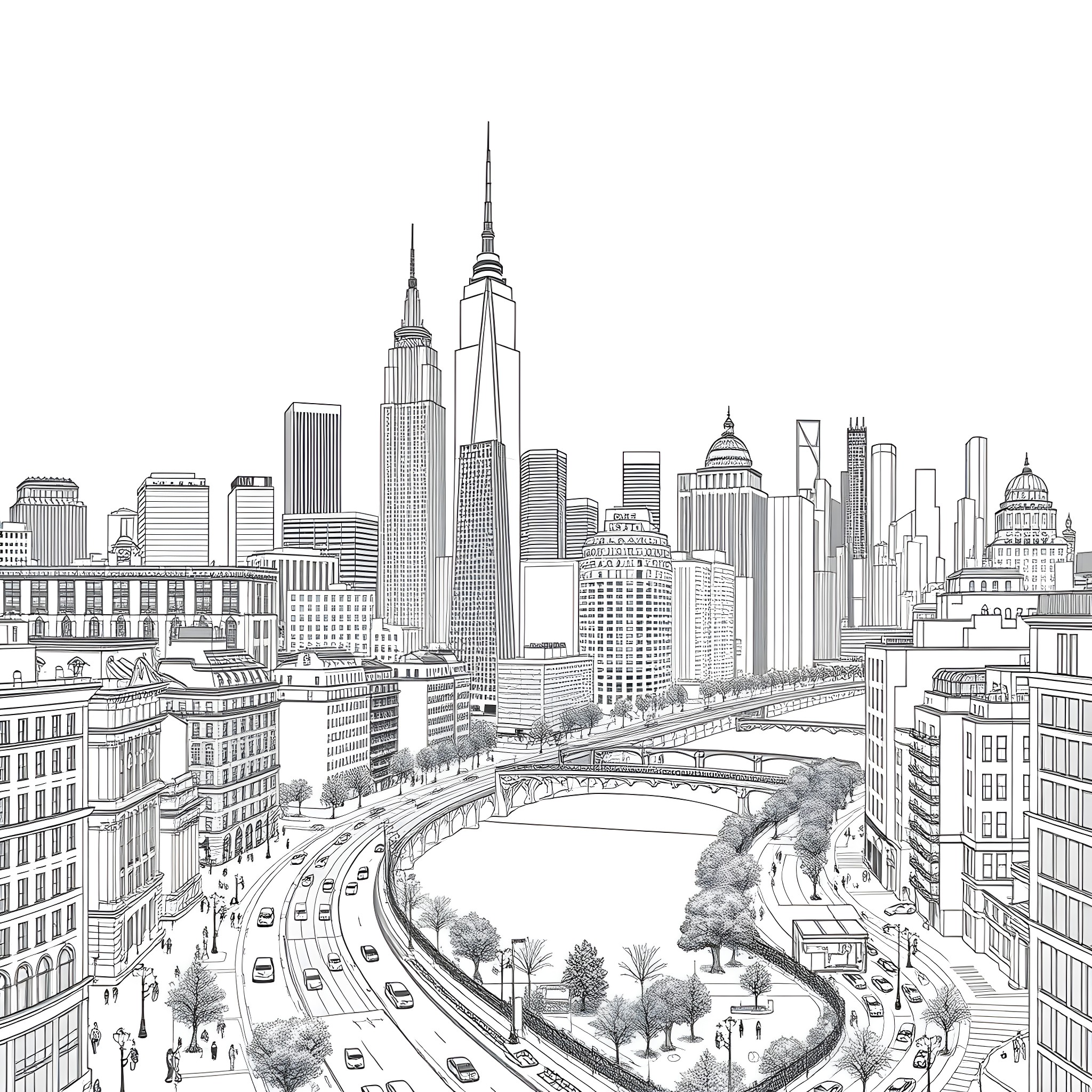 City Scape with Bustling Traffic and Towering Skyscrapers Coloring Page (free black-and-white line drawing printable PDF for all, from beginners to advanced learners, including children, teens, adults, and seniors)