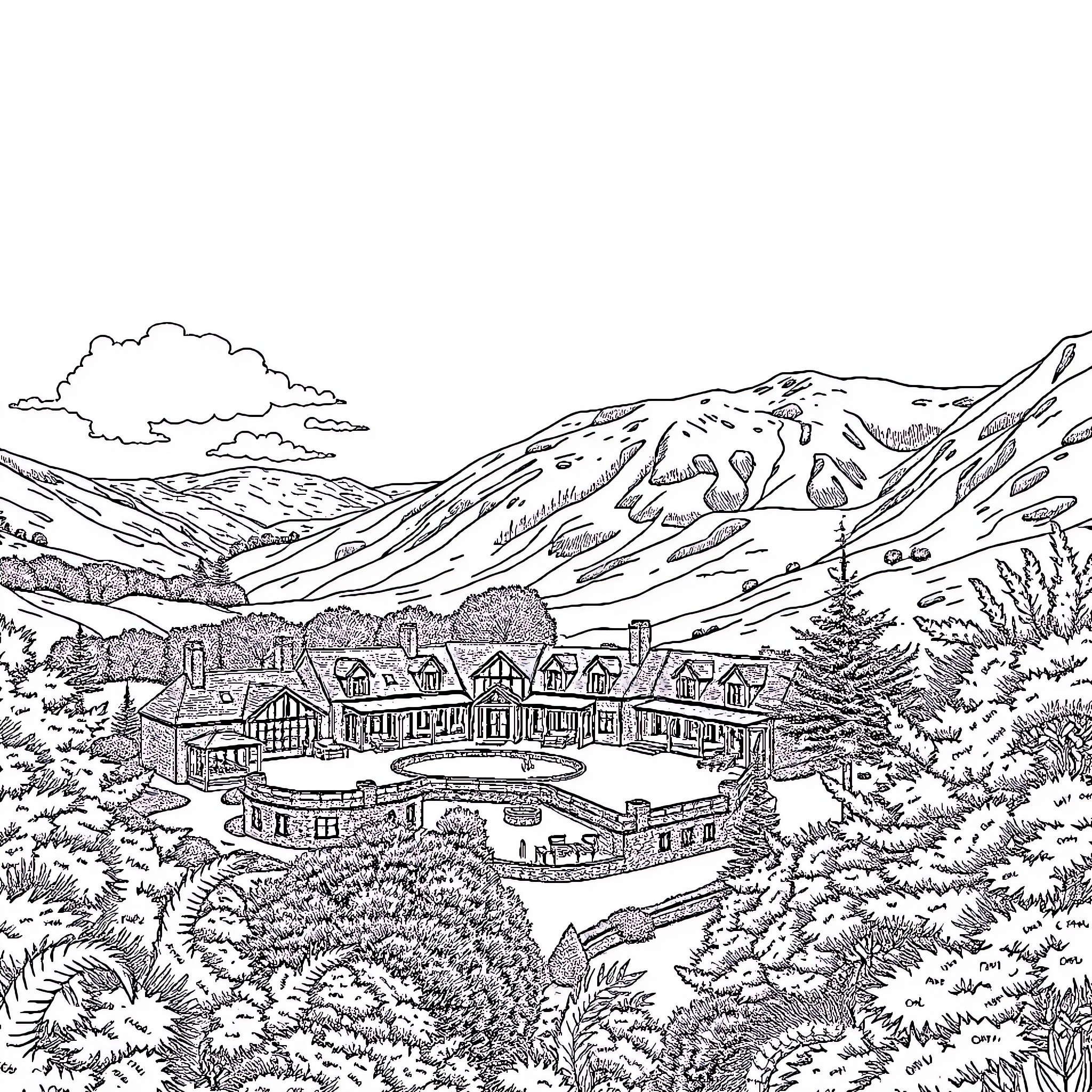 Bluestone village nestled in the mountainous landscape Coloring Page (free black-and-white line drawing printable PDF for all, from beginners to advanced learners, including children, teens, adults, and seniors)