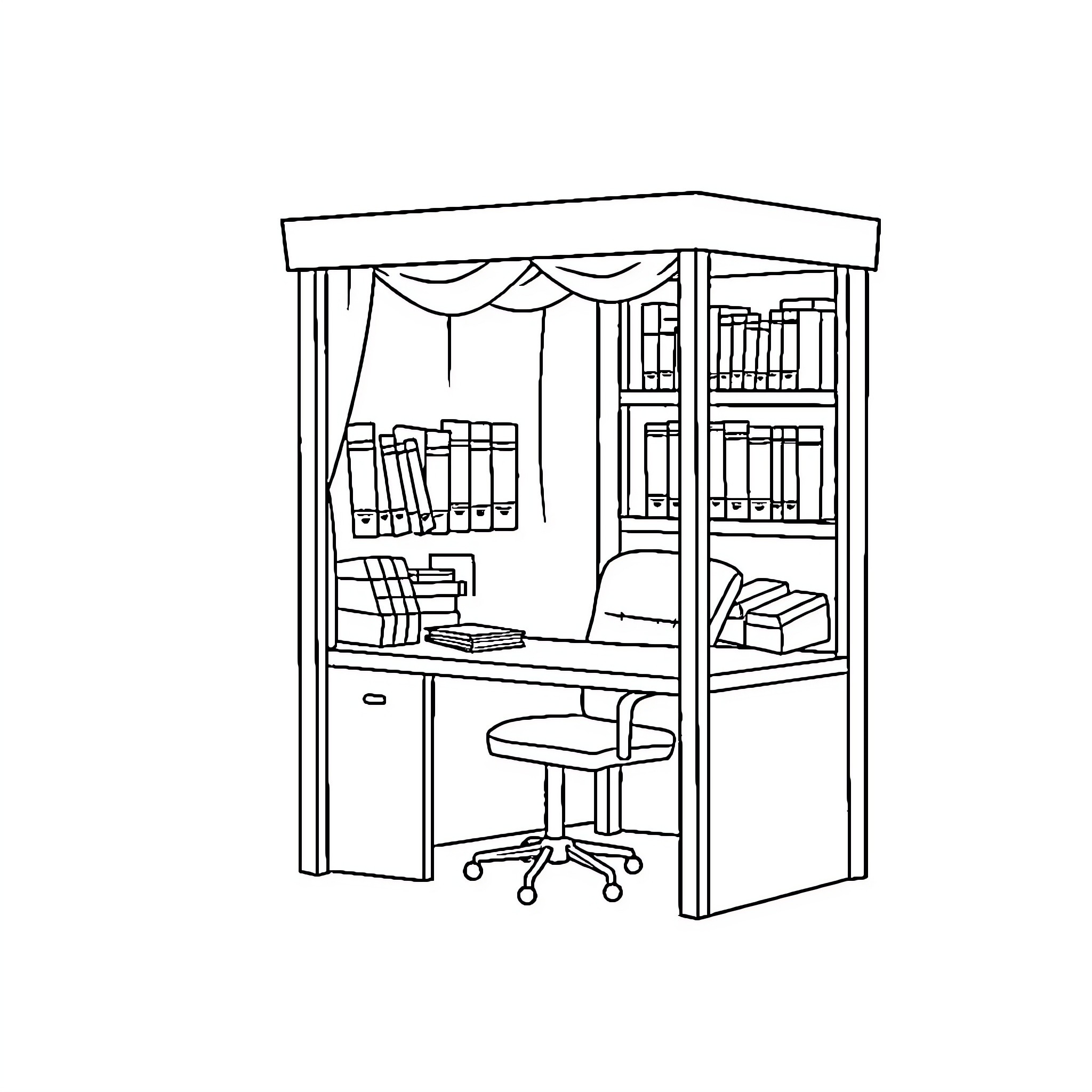 Law Booth with Desk, Bookshelves, and Curtains Coloring Page (free black-and-white line drawing printable PDF for all, from beginners to advanced learners, including children, teens, adults, and seniors)