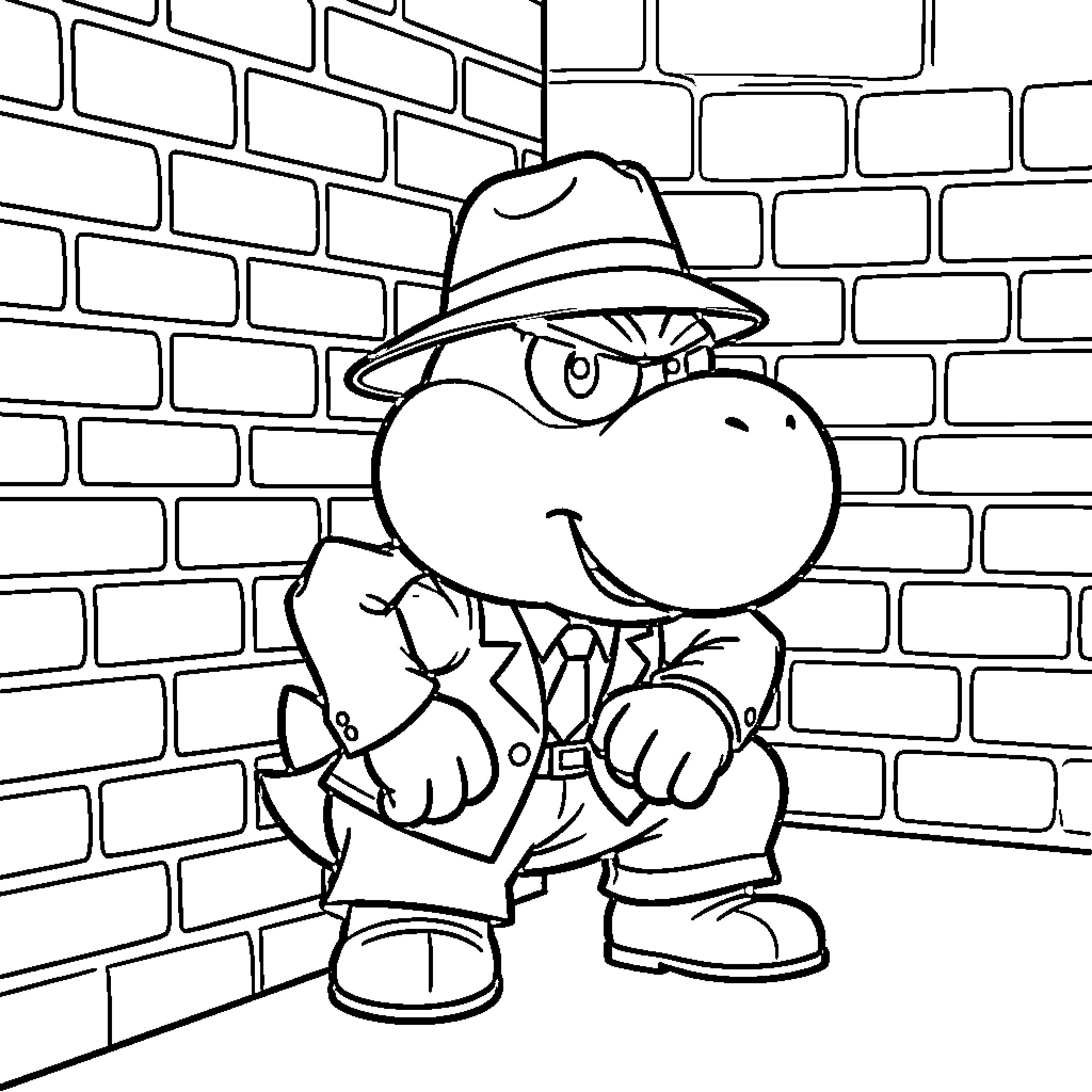 Yoshi the Detective Investigates the Brick Wall Coloring Page (free black-and-white line drawing printable PDF for all, from beginners to advanced learners, including children, teens, adults, and seniors)