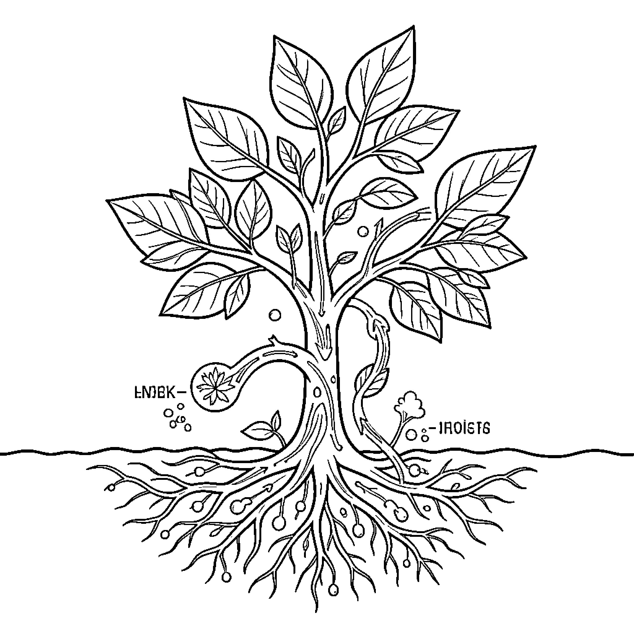 Plant with detailed leaves and roots Coloring Page (free black-and-white line drawing printable PDF for all, from beginners to advanced learners, including children, teens, adults, and seniors)