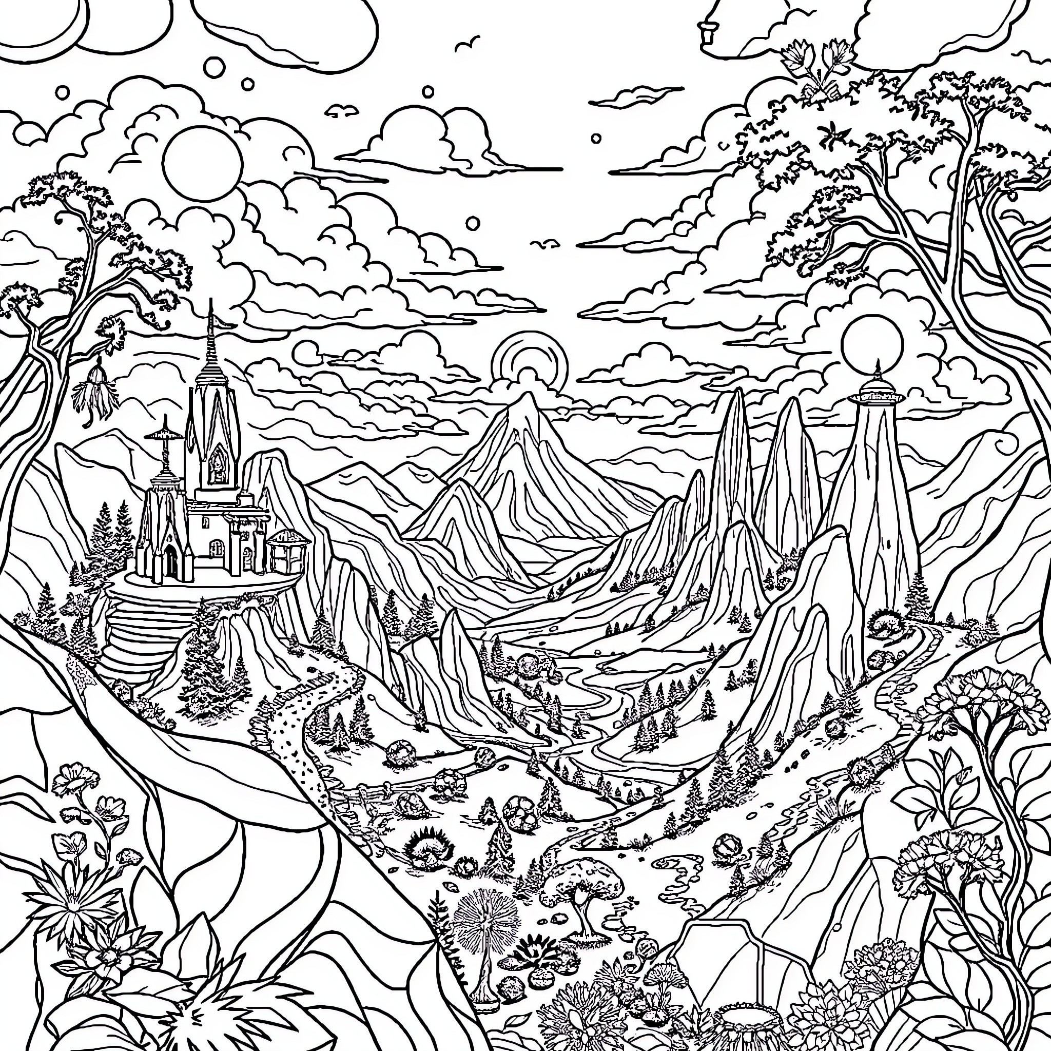 Avatar Fantasy Mountain Landscape Illustration Coloring Page (free black-and-white line drawing printable PDF for all, from beginners to advanced learners, including children, teens, adults, and seniors)