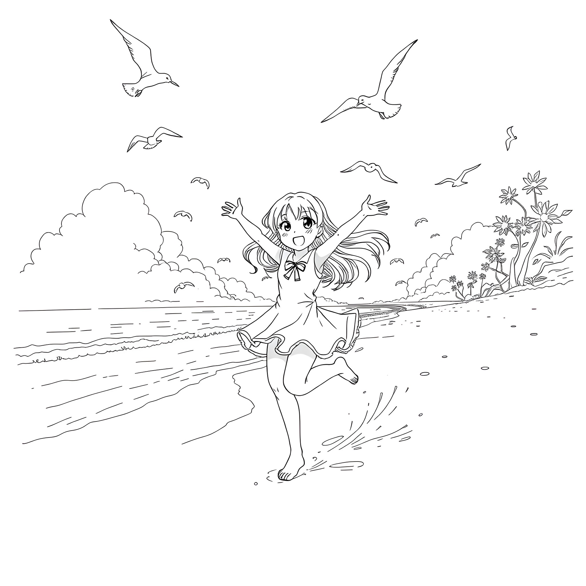 Anime Girl Enjoying a Carefree Moment by the Beach Coloring Page (free black-and-white line drawing printable PDF for all, from beginners to advanced learners, including children, teens, adults, and seniors)