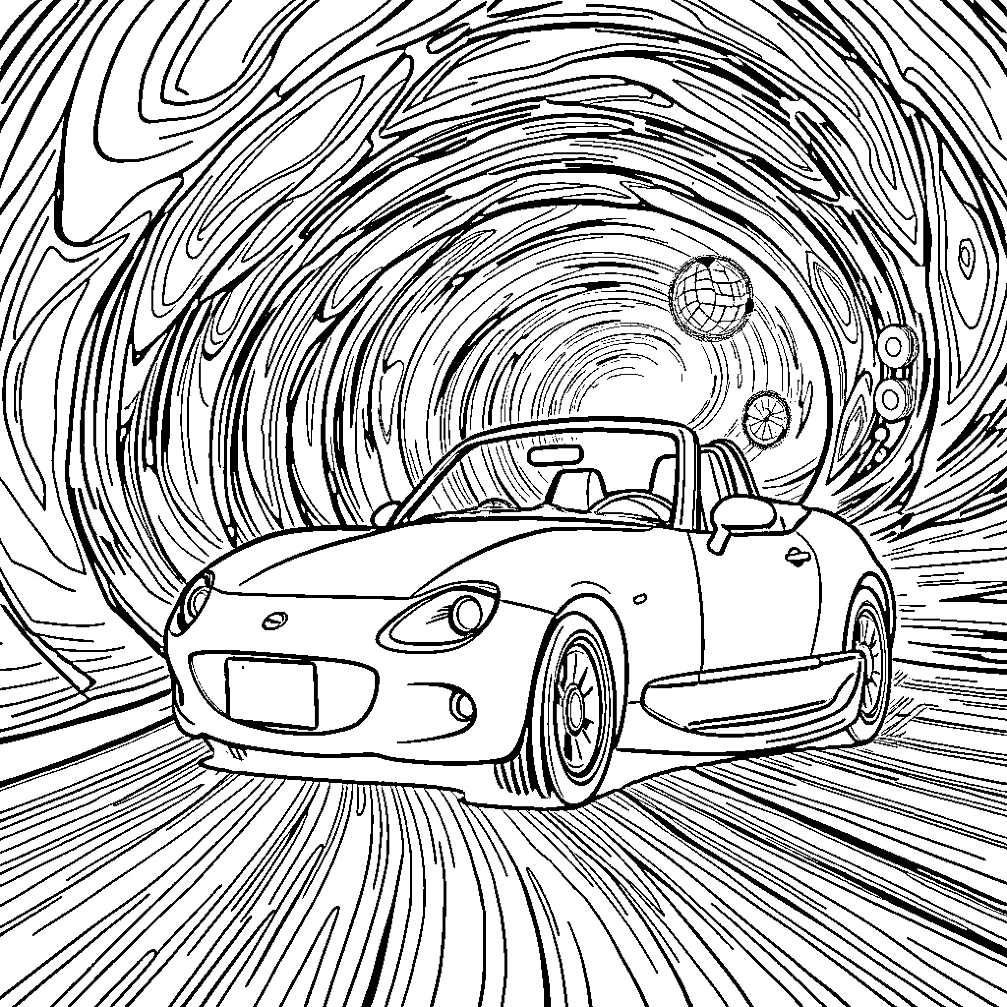 Miata speeding through a psychedelic tunnel Coloring Page (free black-and-white line drawing printable PDF for all, from beginners to advanced learners, including children, teens, adults, and seniors)
