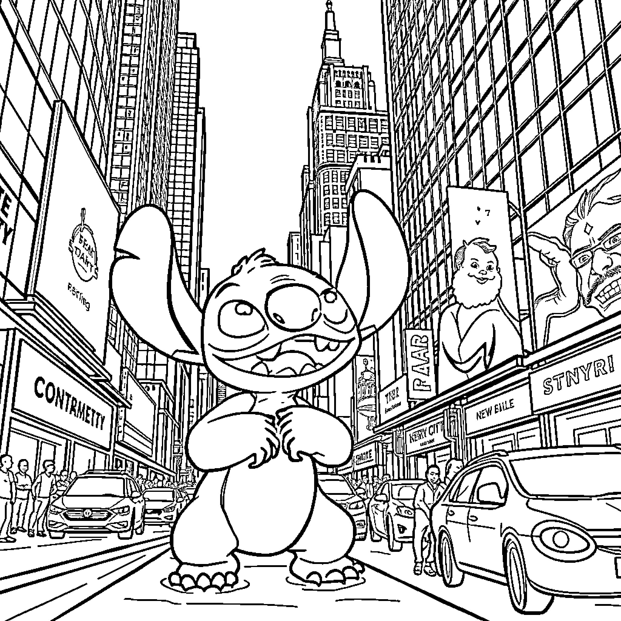 Stitch explores the bustling city streets Coloring Page (free black-and-white line drawing printable PDF for all, from beginners to advanced learners, including children, teens, adults, and seniors)