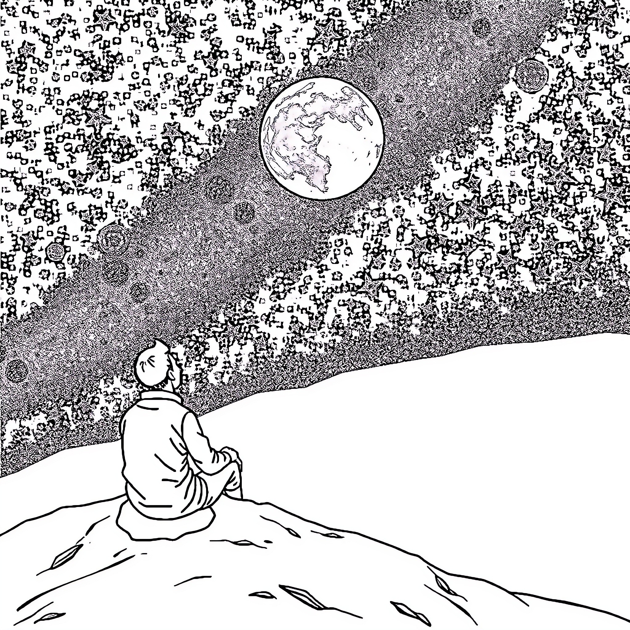 Man contemplating the stars and moon on a hilltop Coloring Page (free black-and-white line drawing printable PDF for all, from beginners to advanced learners, including children, teens, adults, and seniors)
