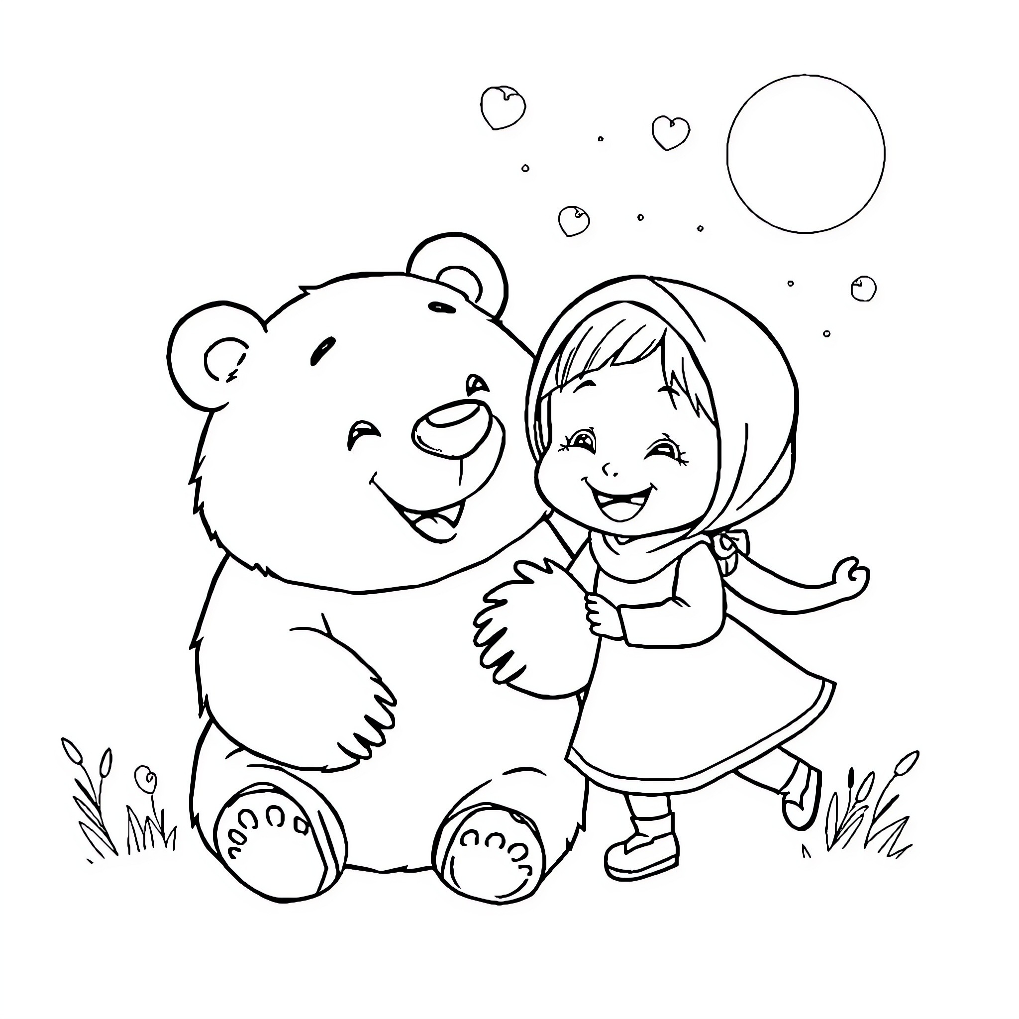 Bear and Girl playing happily together Coloring Page (free black-and-white line drawing printable PDF for all, from beginners to advanced learners, including children, teens, adults, and seniors)