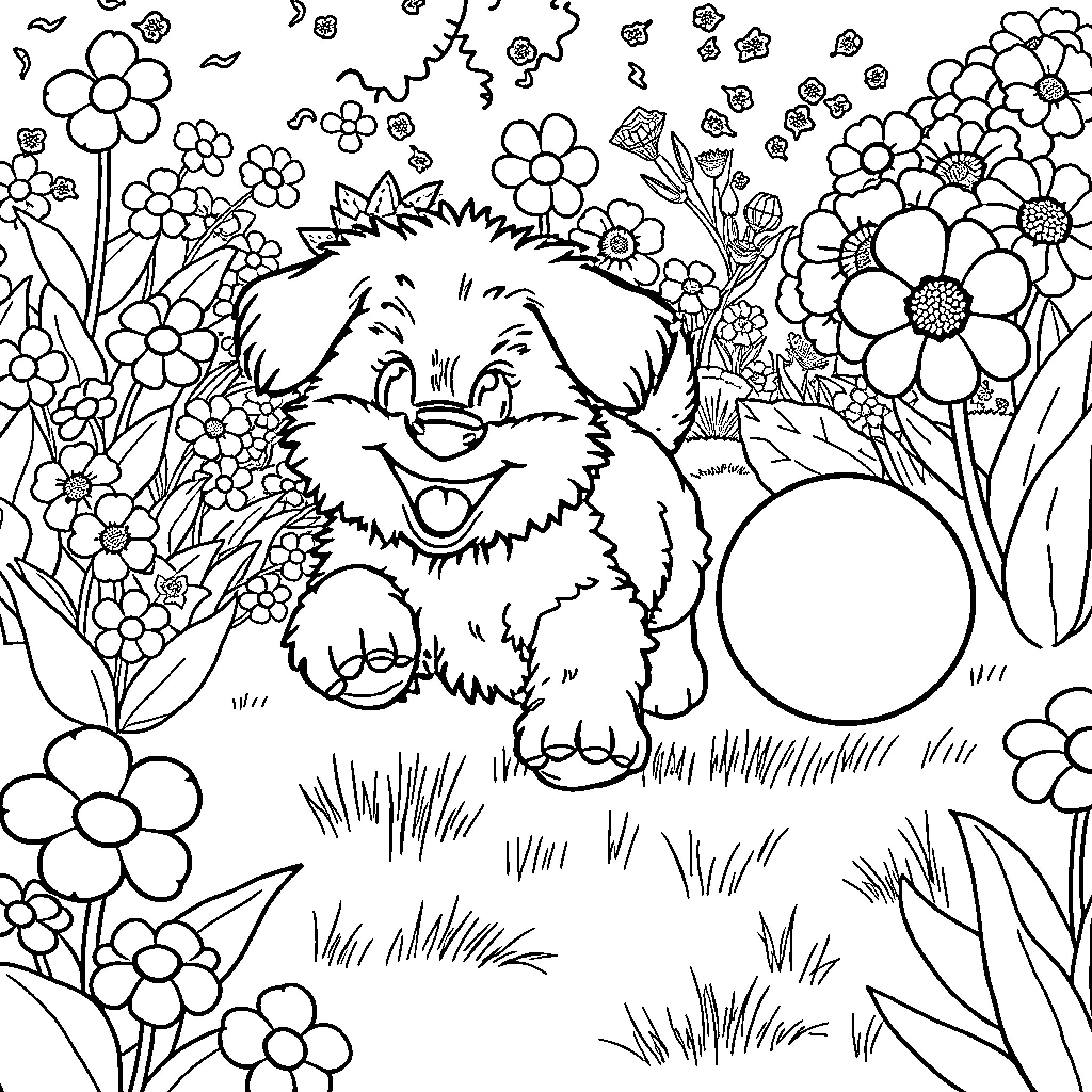 Puppy surrounded by whimsical flowers and foliage Coloring Page (free black-and-white line drawing printable PDF for all, from beginners to advanced learners, including children, teens, adults, and seniors)