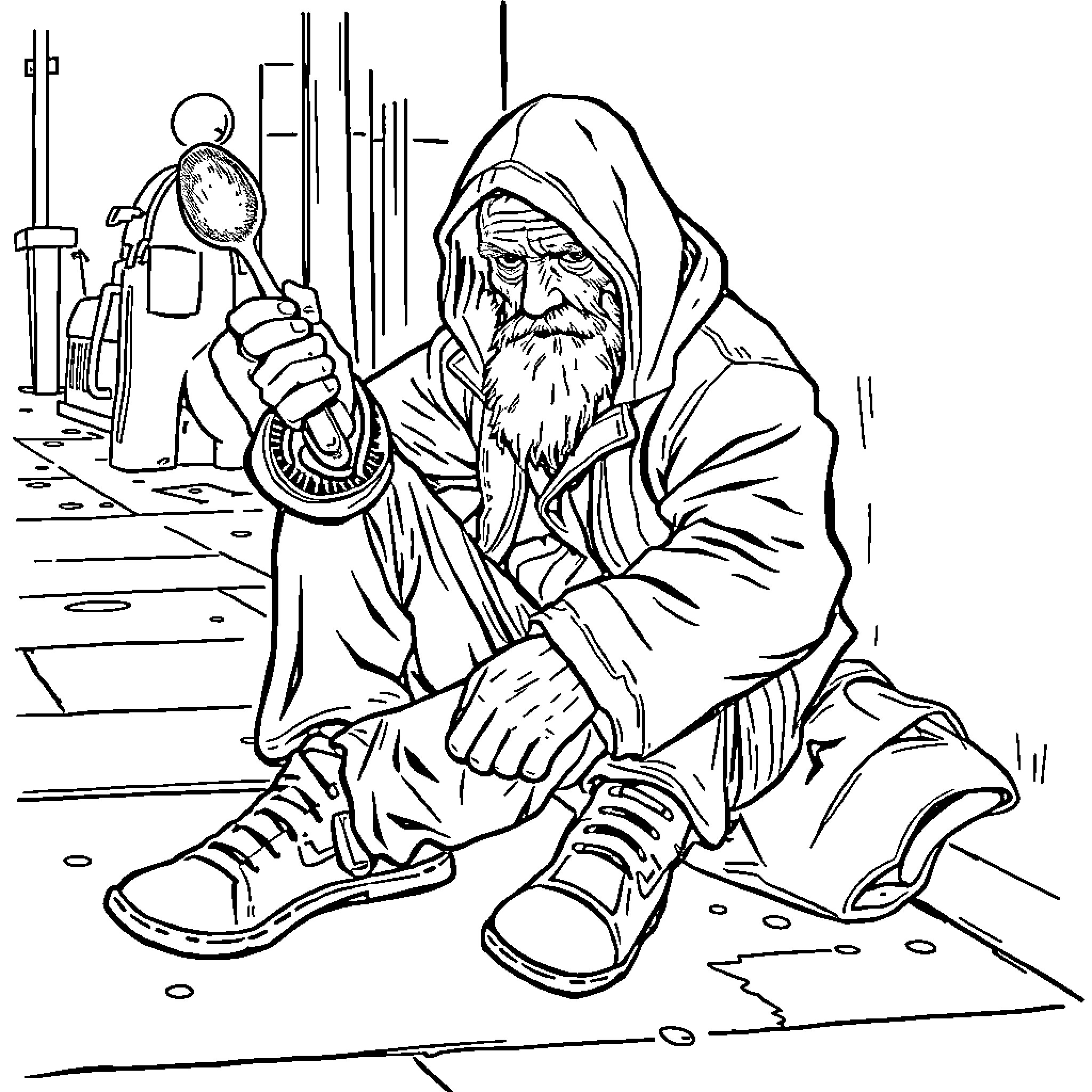 Bum with Lantern Sitting Alone on Street Coloring Page (free black-and-white line drawing printable PDF for all, from beginners to advanced learners, including children, teens, adults, and seniors)