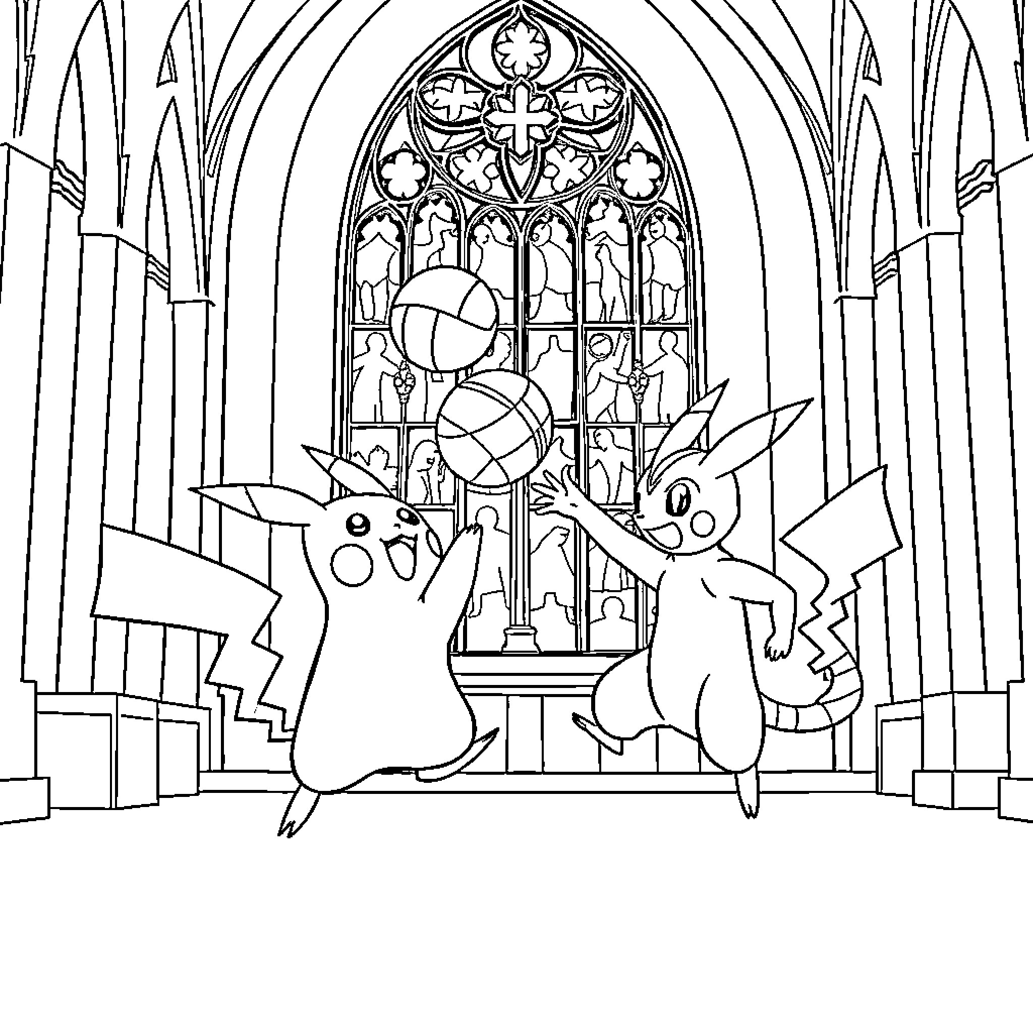 Pikachu and friends exploring a grand cathedral Coloring Page (free black-and-white line drawing printable PDF for all, from beginners to advanced learners, including children, teens, adults, and seniors)