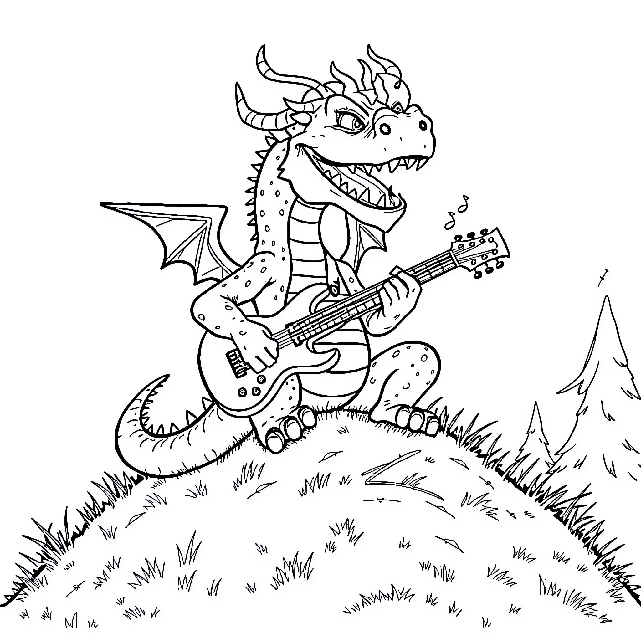 Trogdor the Burninator rocking out in the forest Coloring Page (free black-and-white line drawing printable PDF for all, from beginners to advanced learners, including children, teens, adults, and seniors)