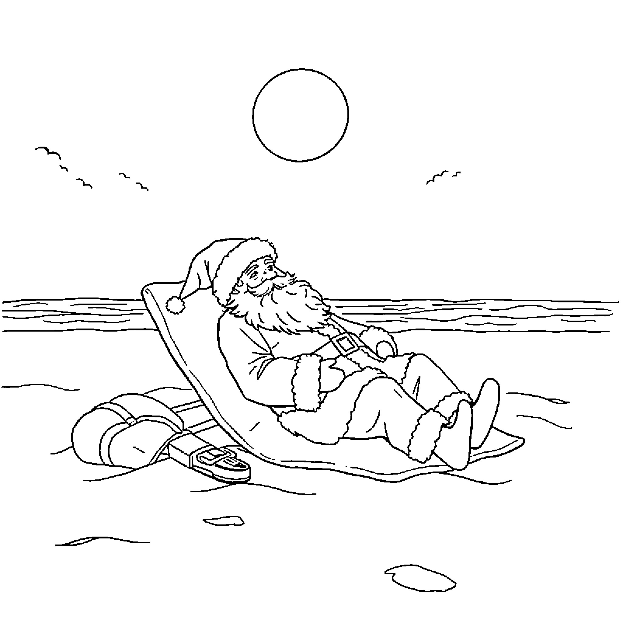Santa relaxing on the beach under the sun Coloring Page (free black-and-white line drawing printable PDF for all, from beginners to advanced learners, including children, teens, adults, and seniors)