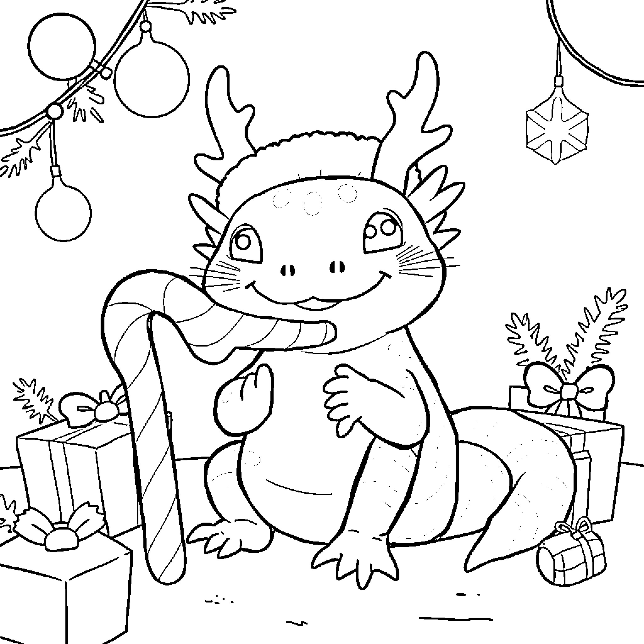 Axolotl enjoying Christmas celebrations Coloring Page (free black-and-white line drawing printable PDF for all, from beginners to advanced learners, including children, teens, adults, and seniors)