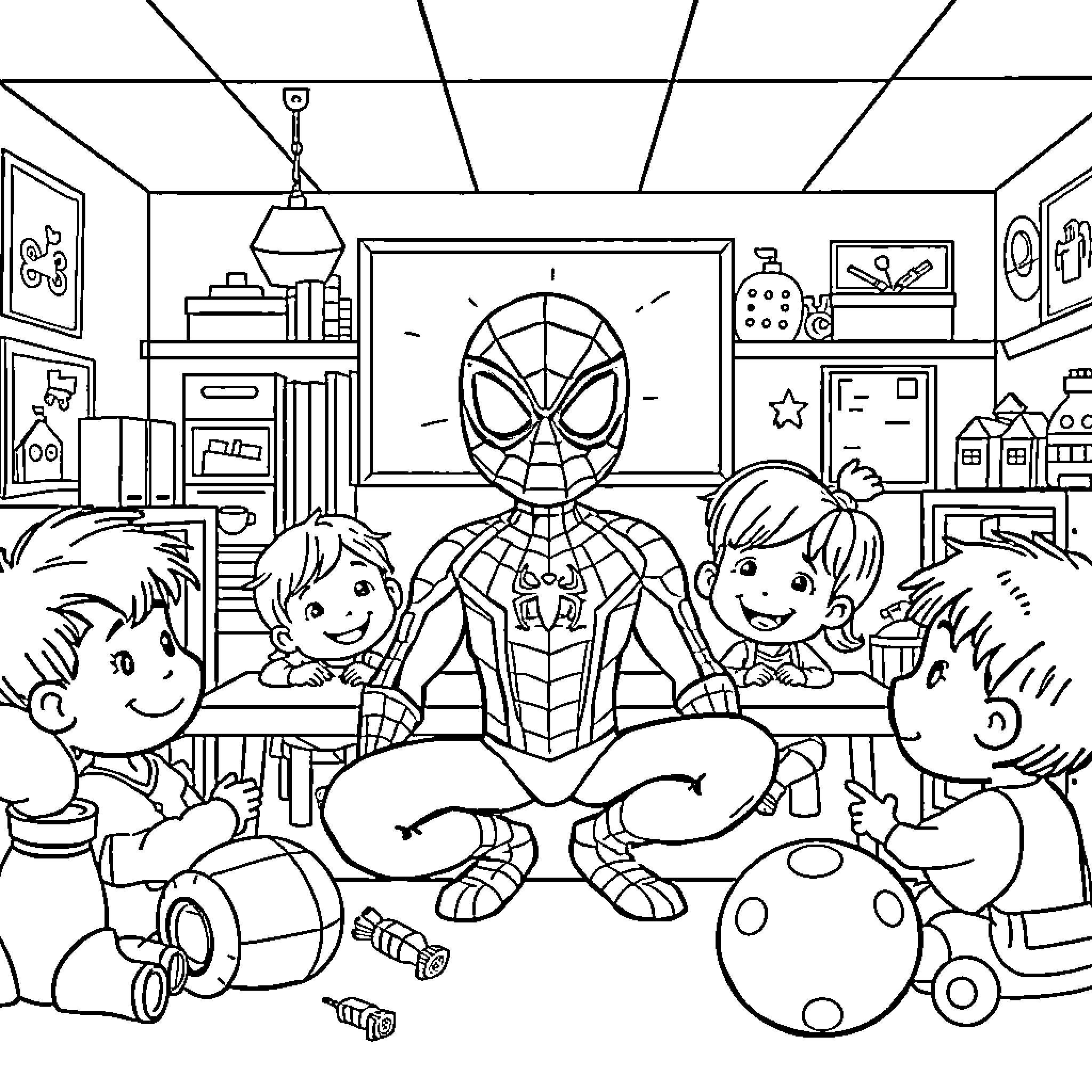 Spiderman playing with kids in the room Coloring Page (free black-and-white line drawing printable PDF for all, from beginners to advanced learners, including children, teens, adults, and seniors)