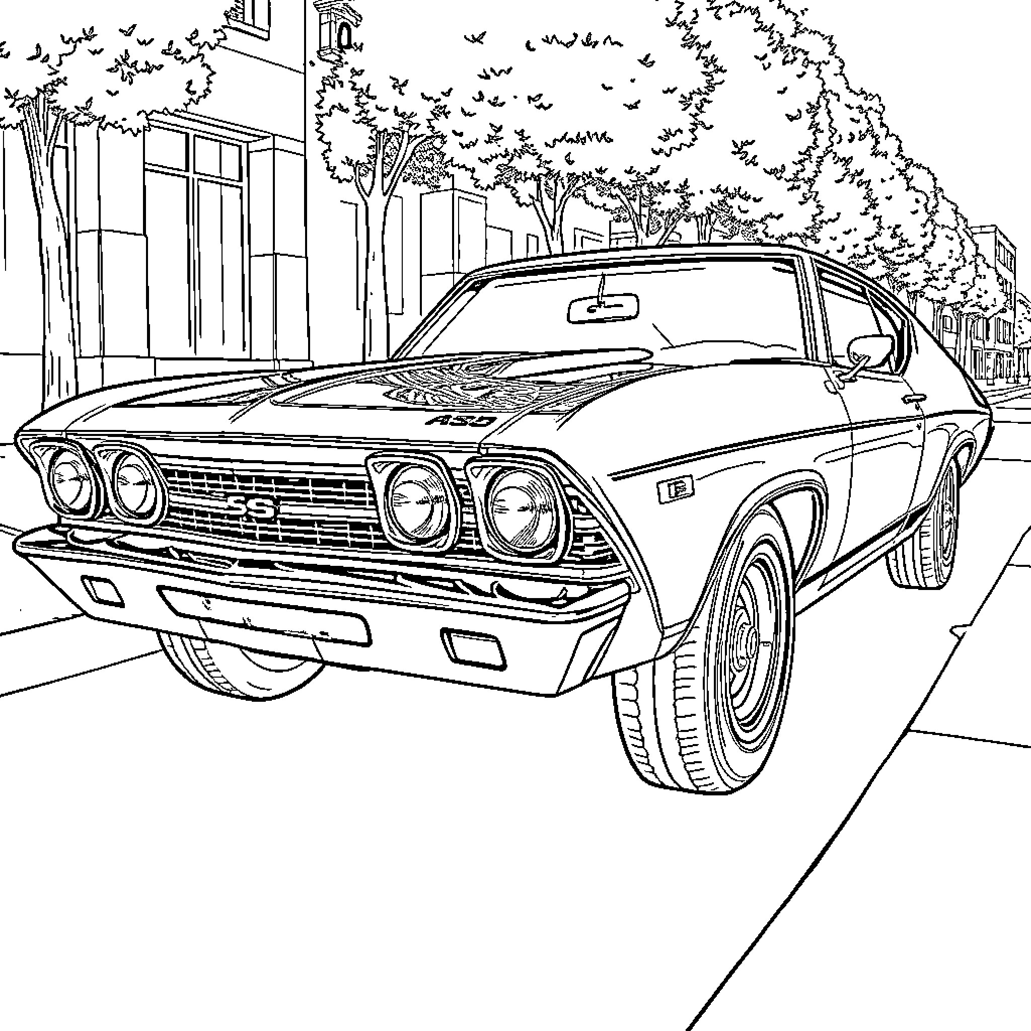 Chevelle muscle car in urban setting Coloring Page (free black-and-white line drawing printable PDF for all, from beginners to advanced learners, including children, teens, adults, and seniors)